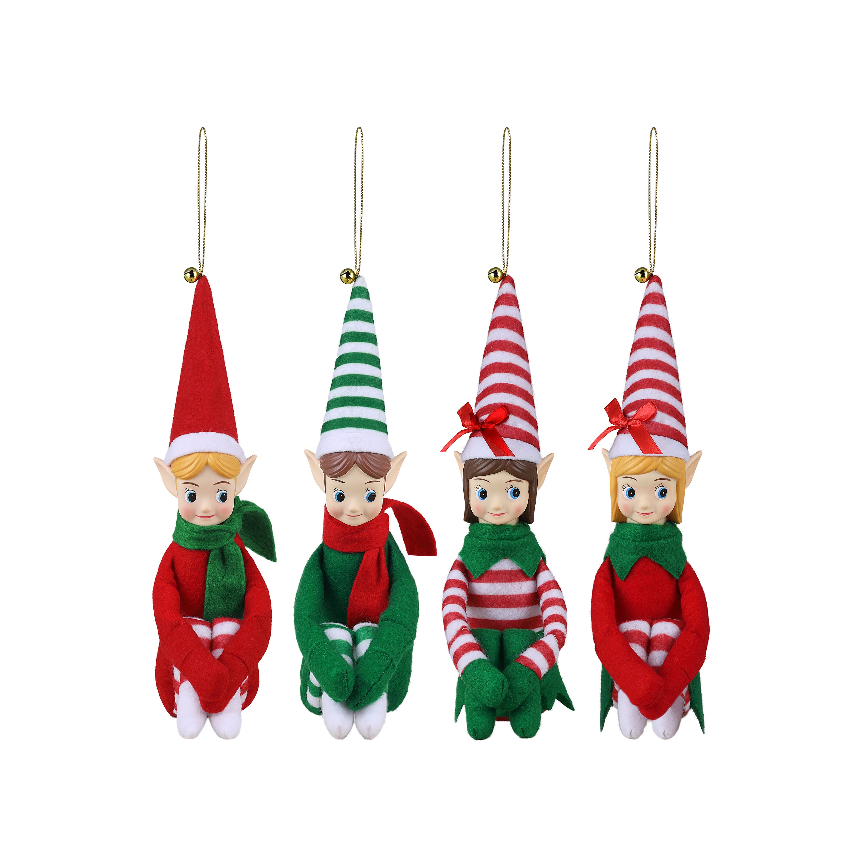 Four Christmas Knee hugger elf ornaments with colorful hats on a white background