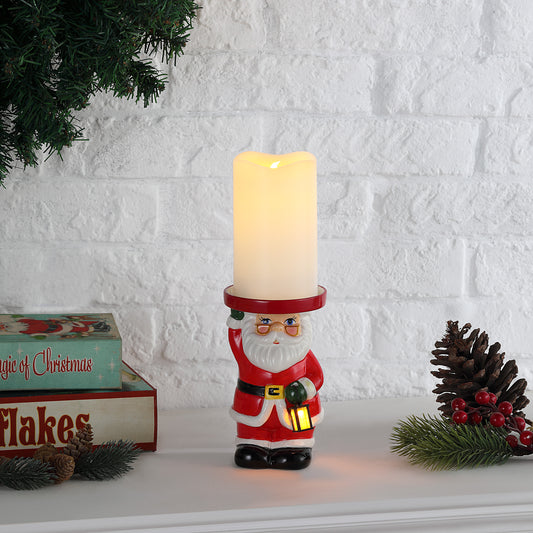 6" Ceramic Lit Santa Candle Holder and Flameless Candle