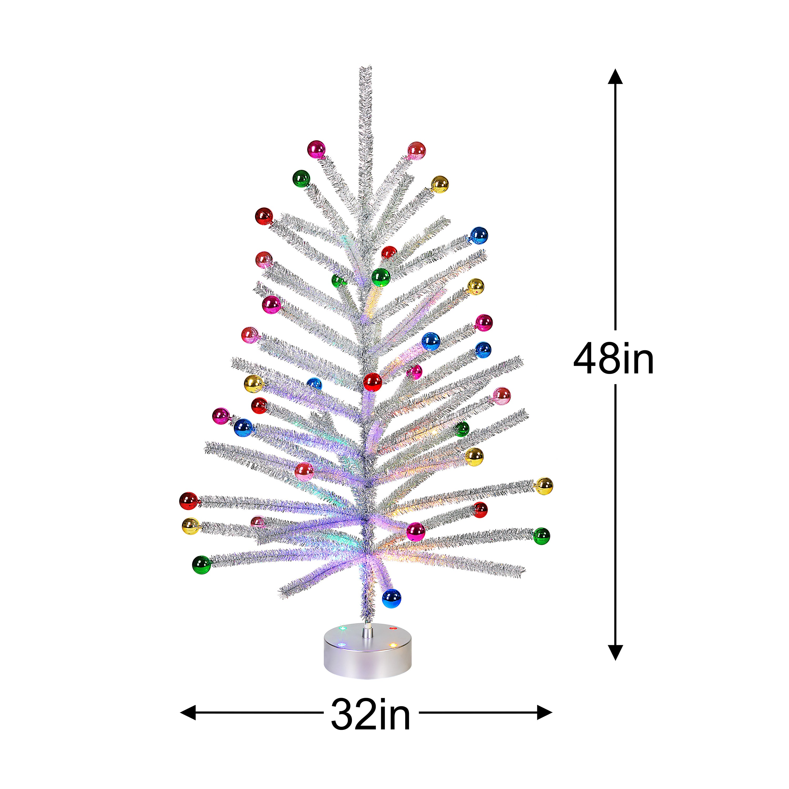 A silver tinsel Christmas tree with multicolored ornaments and built-in LED lights, shown with dimension markers indicating a height of 48 inches and width of 32 inches on a white background.