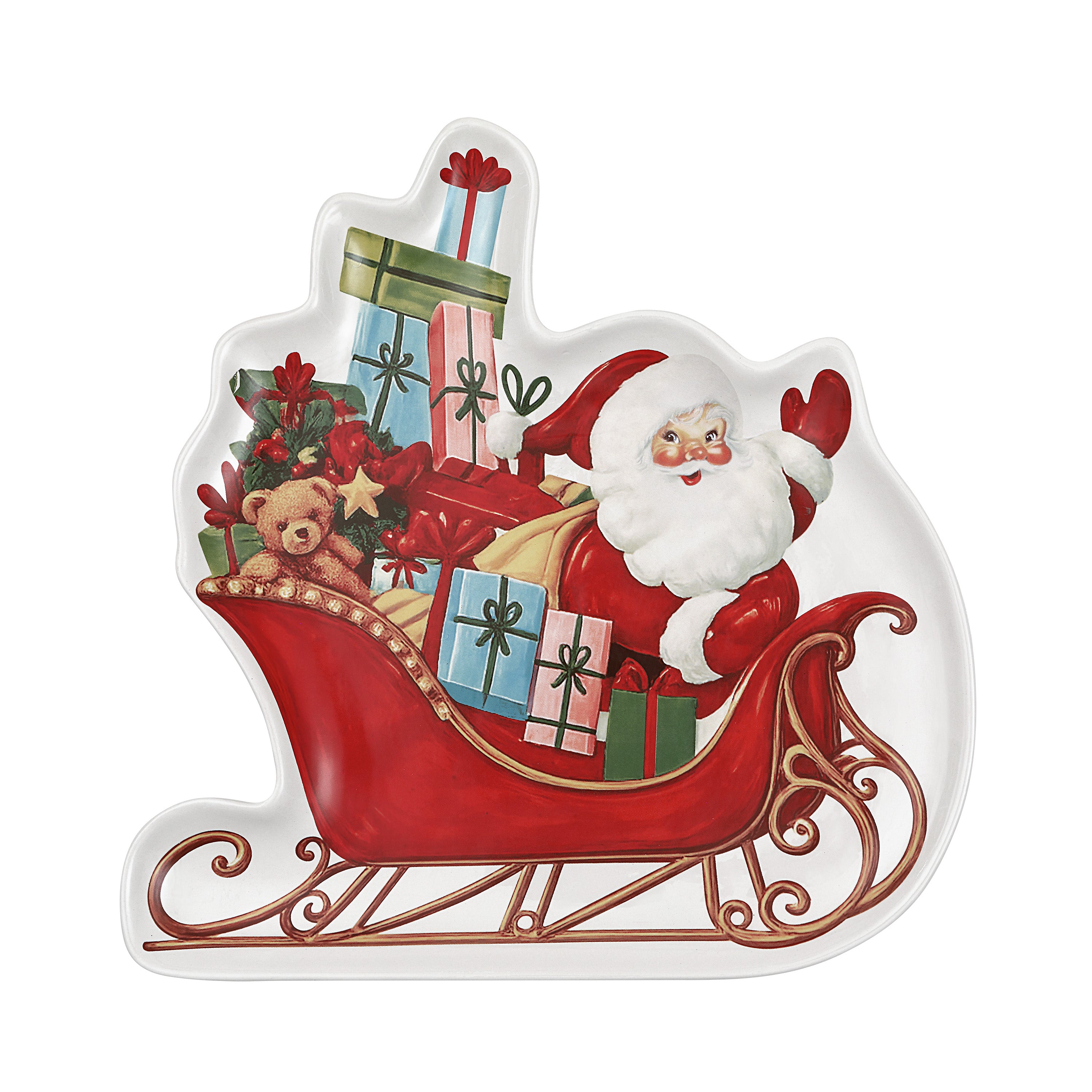 A white ceramic Christmas plate shaped like Santa Claus in a red sleigh, filled with wrapped presents, a Christmas tree, and a teddy bear, shown on a plain white background.