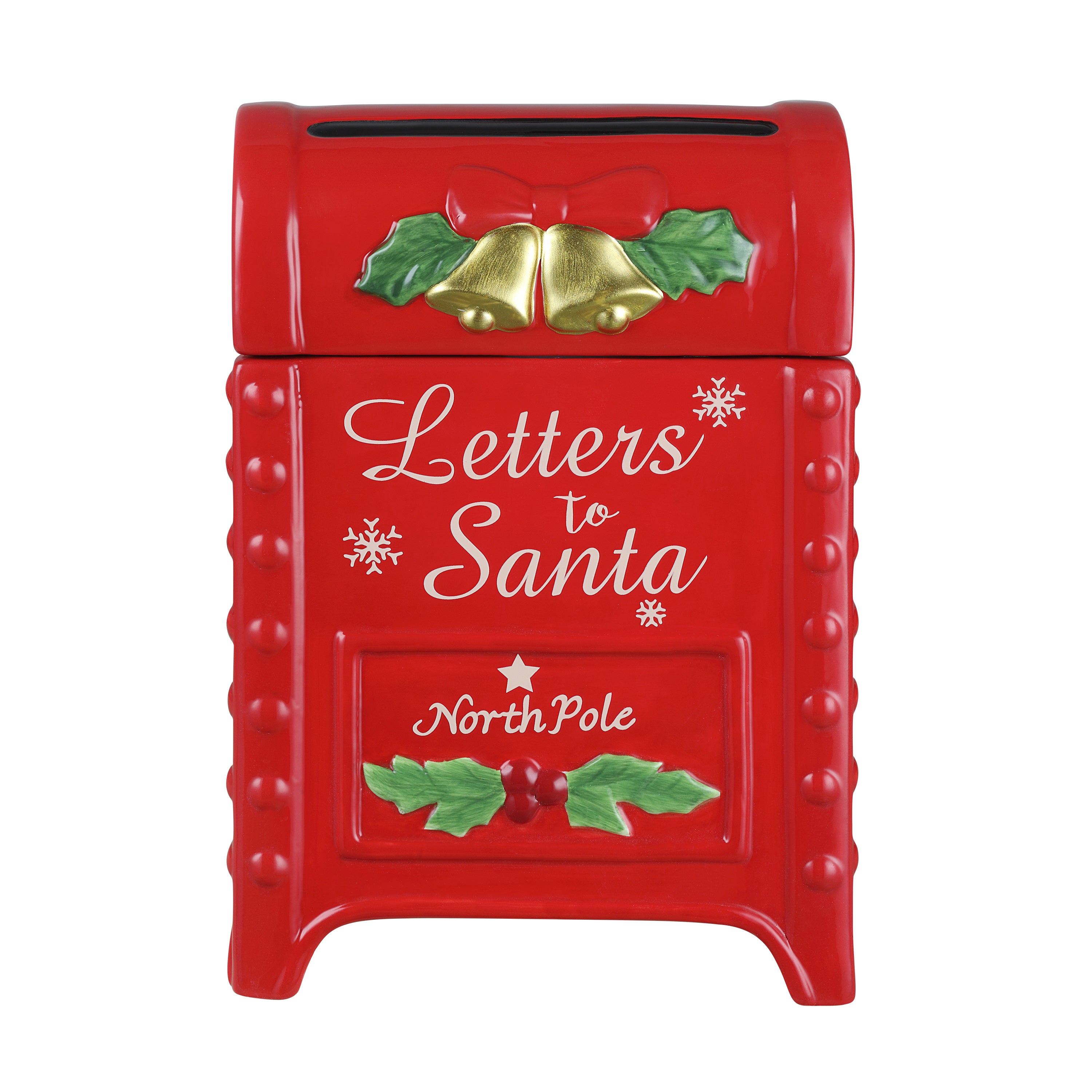 A red ceramic Christmas letter box with 'Letters to Santa' and 'North Pole' text, decorated with gold bells, green holly leaves, and red berries on a white background.