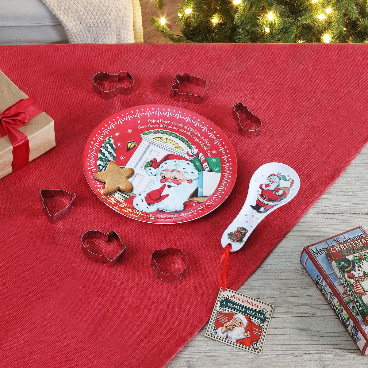 12 in. Santa Plate, Spoon Rest & 6-Piece Cookie Cutter Baking Gift Set with Recipe - Mr. Christmas