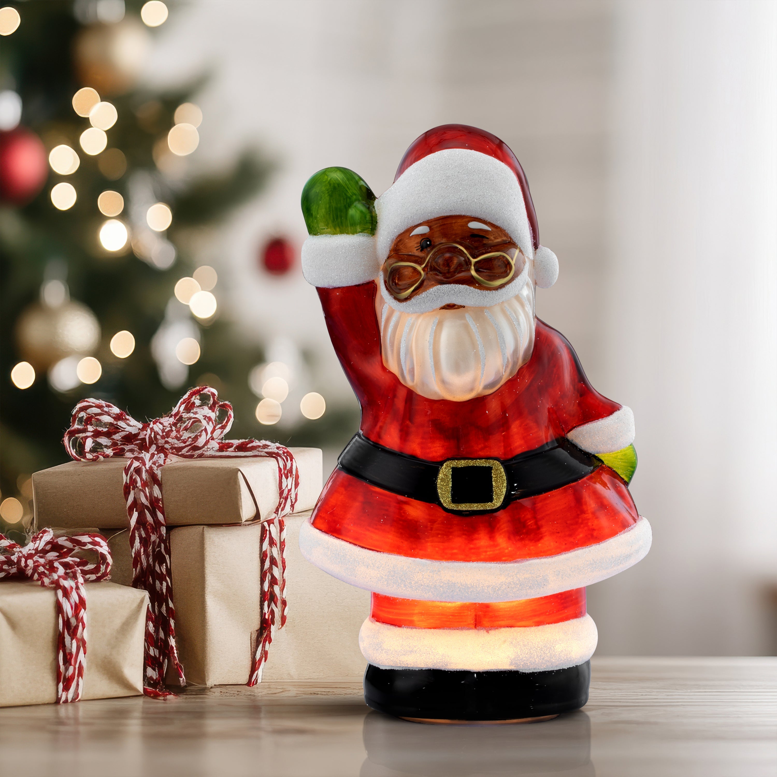 12" Vintage Illuminated Mercury Glass Figurine - Black Santa - Mr. Christmas