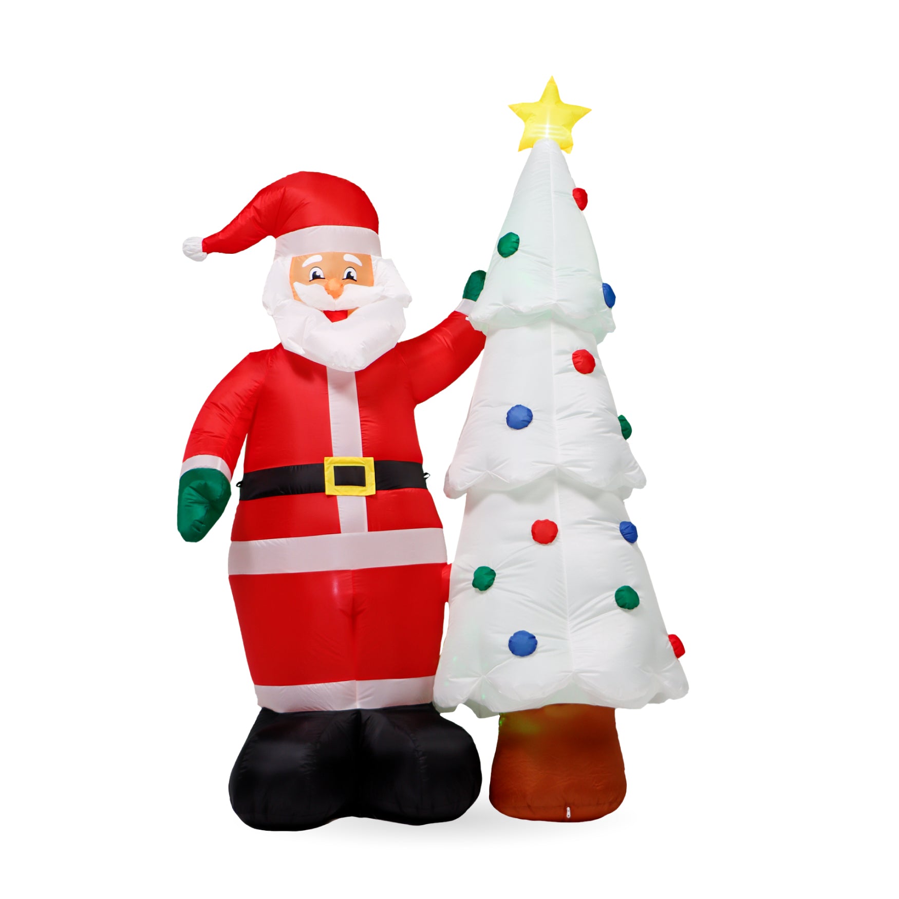The 7 ft. Outdoor Lit Inflatable - Santa and Tree displays Santa beside a white Christmas tree with colorful ornaments and a yellow star, crafted from weather-resistant material, perfect for outdoor holiday décor.