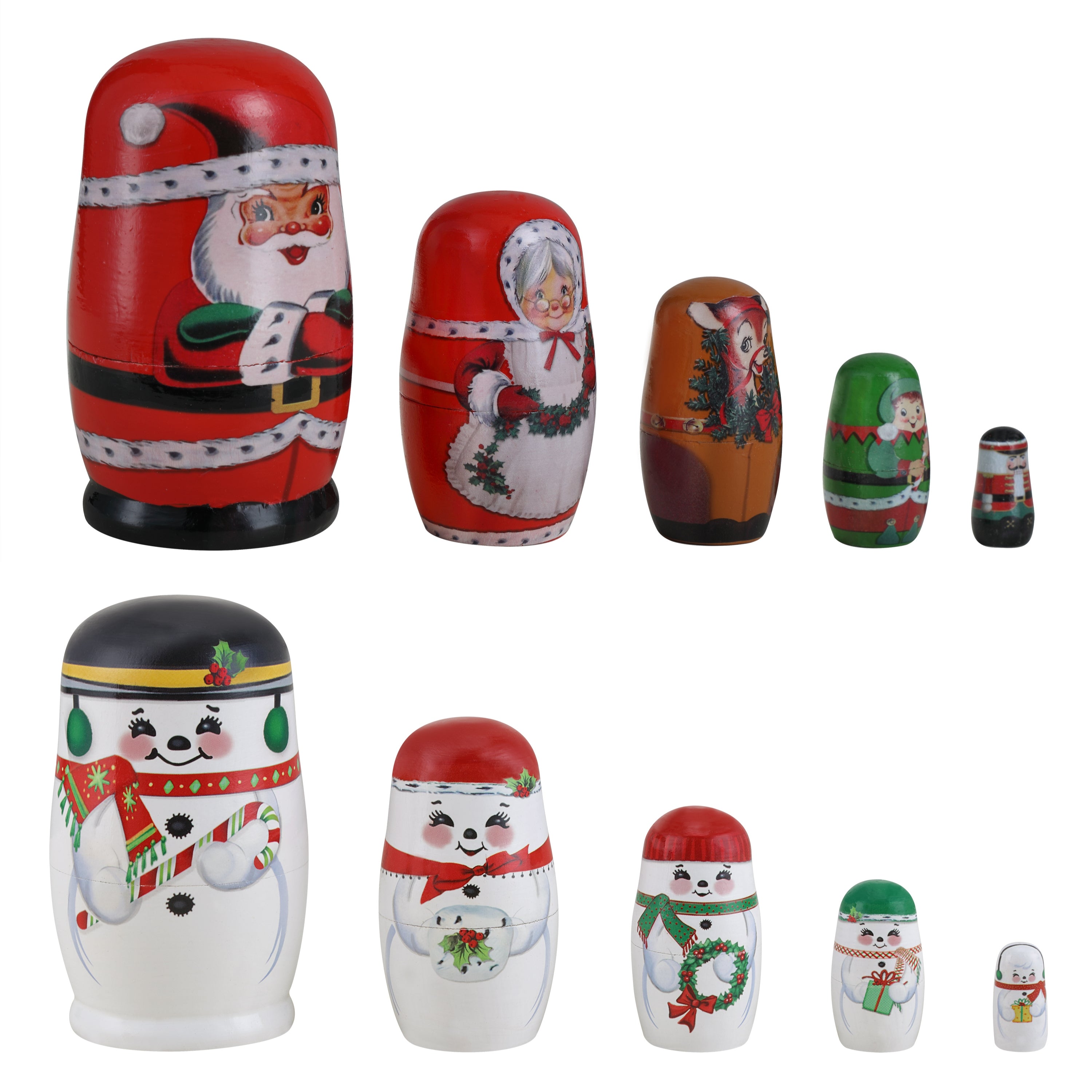 Set of Christmas-themed nesting dolls on a white background