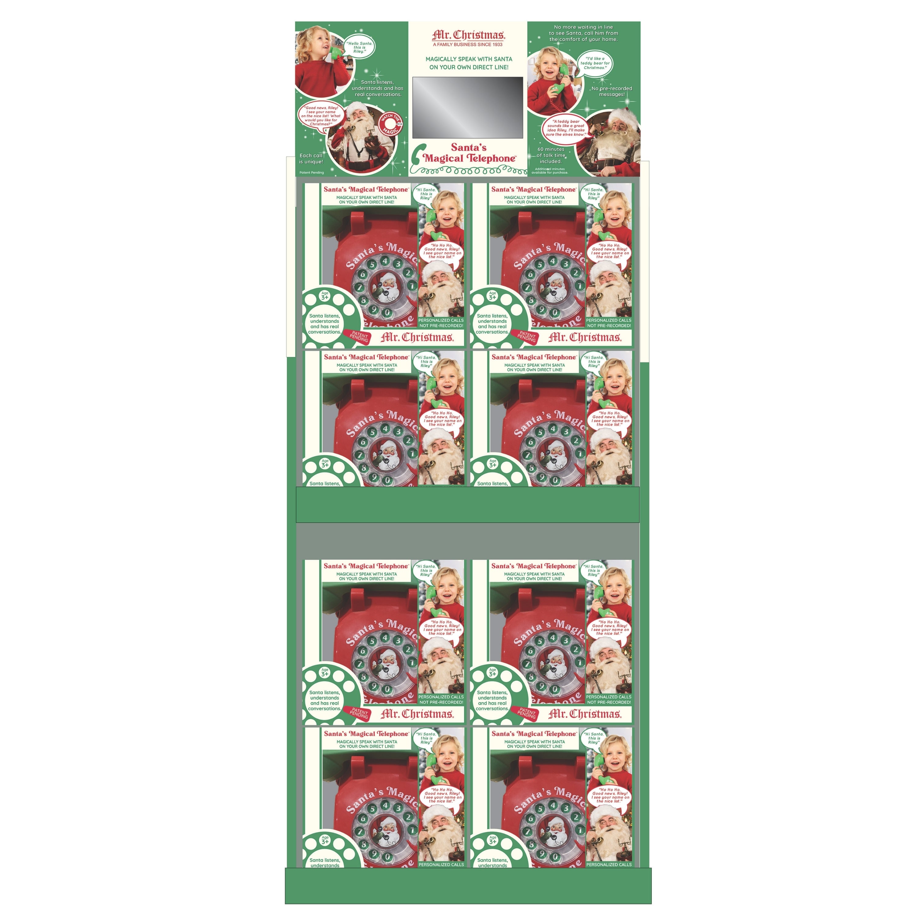 Display of Mr. Christmas Santa's Magical Telephone toy packaging on a white background
