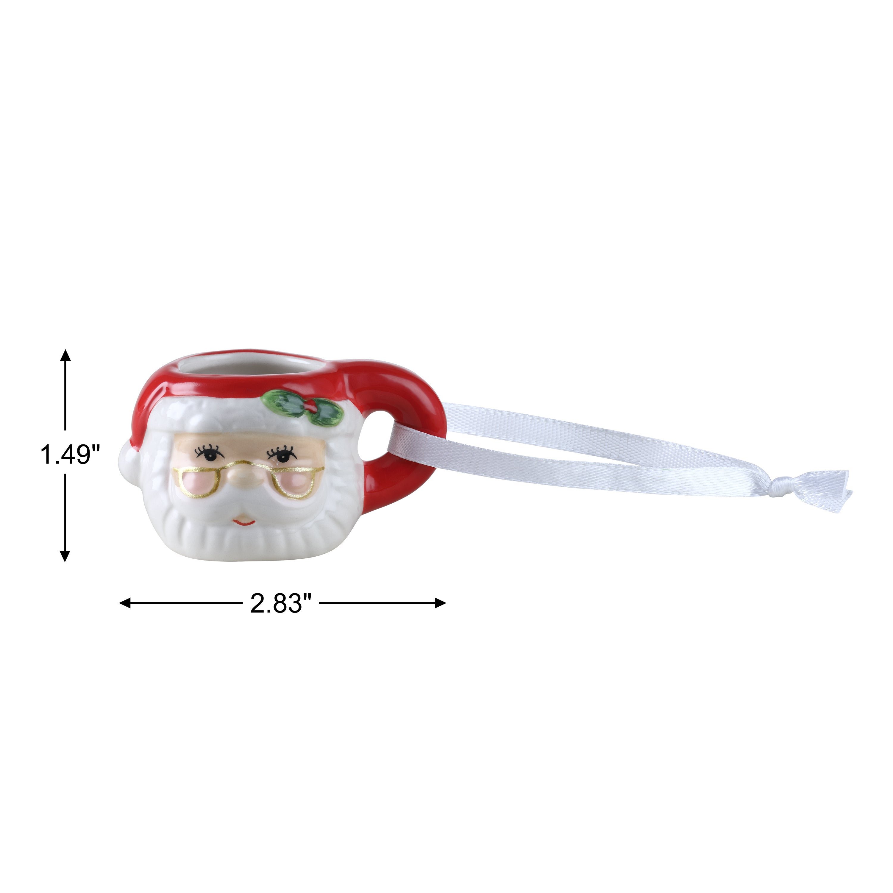 Santa Claus face ornament with dimensions on a white background