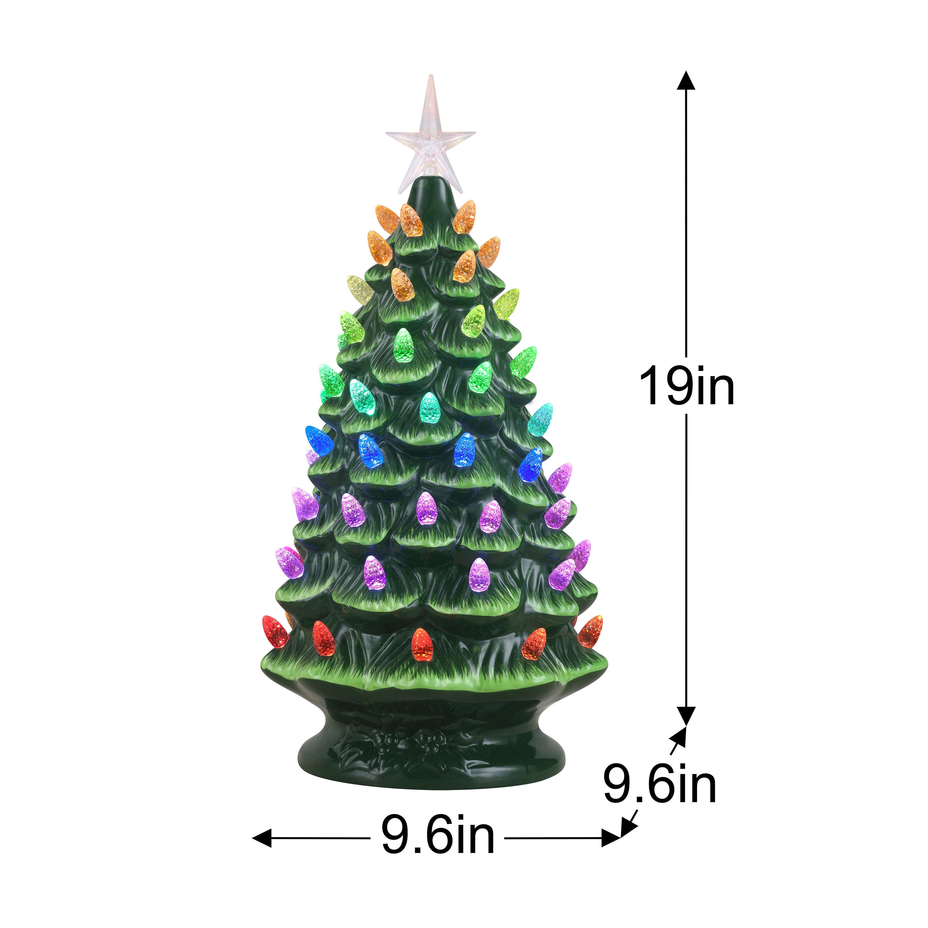 A small ceramic Christmas tree with multicolored light bulbs and a star topper, shown on a white background with dimension arrows indicating 9.6 inches wide by 19 inches tall.