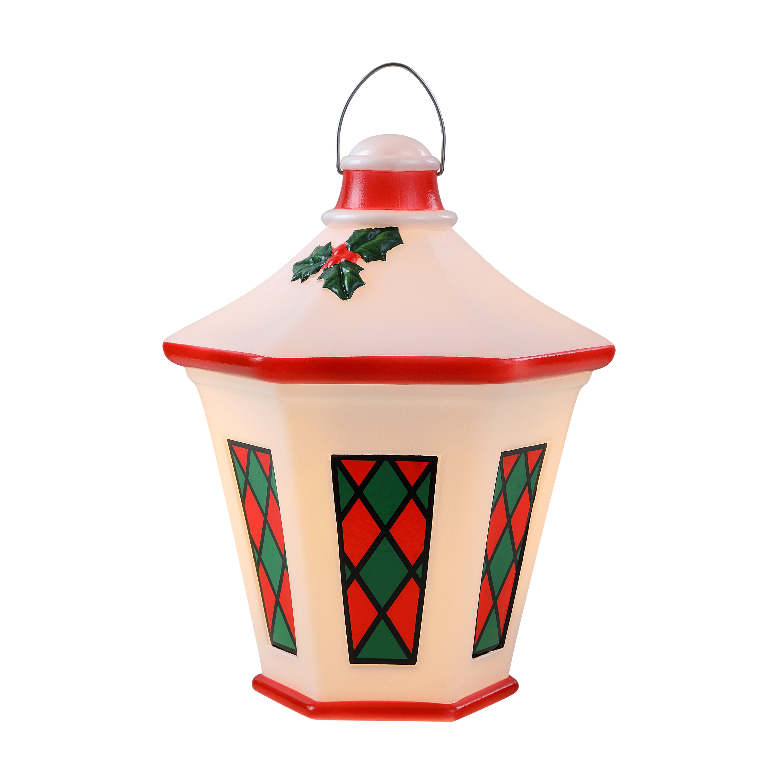 A vintage-style Christmas hanging lantern ornament with a cream-colored body, red trim, green and red diamond patterns, and a holly accent on the top, shown against a plain white background.