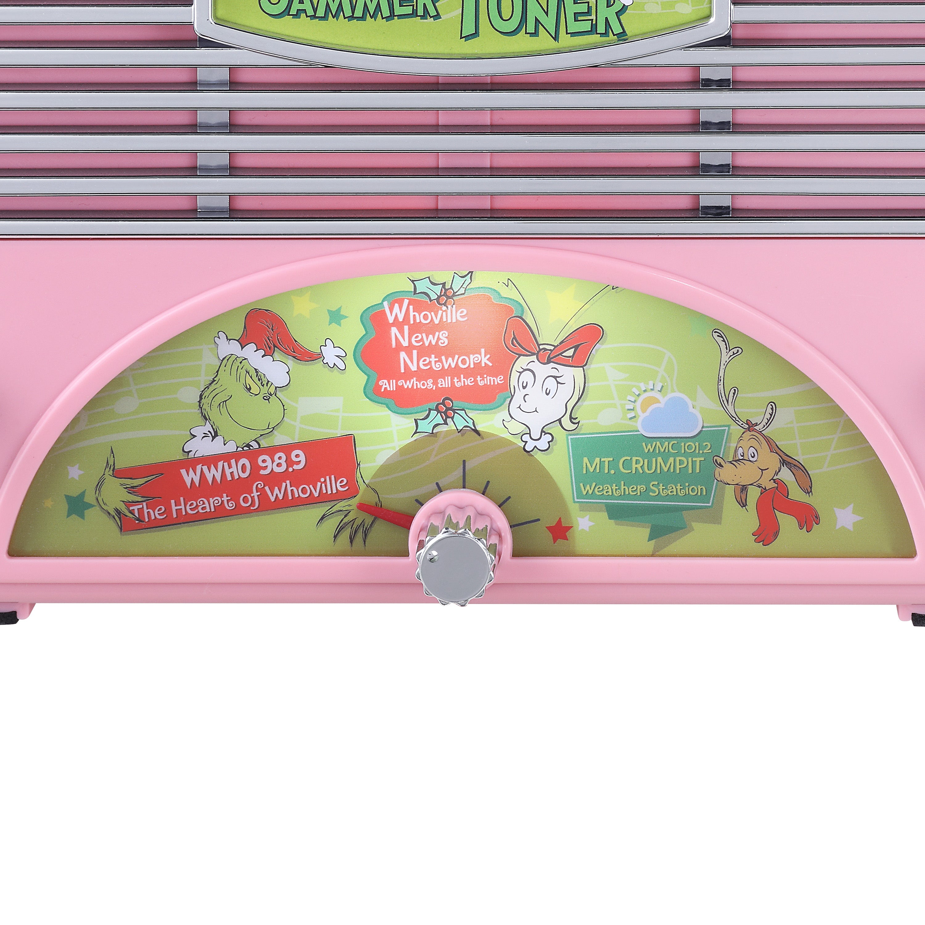 A pink Dr. Seuss-themed grinch jammer tuner with a decorative front panel featuring illustrations of the Grinch, Whosquelette, and other characters, with a central dial control.