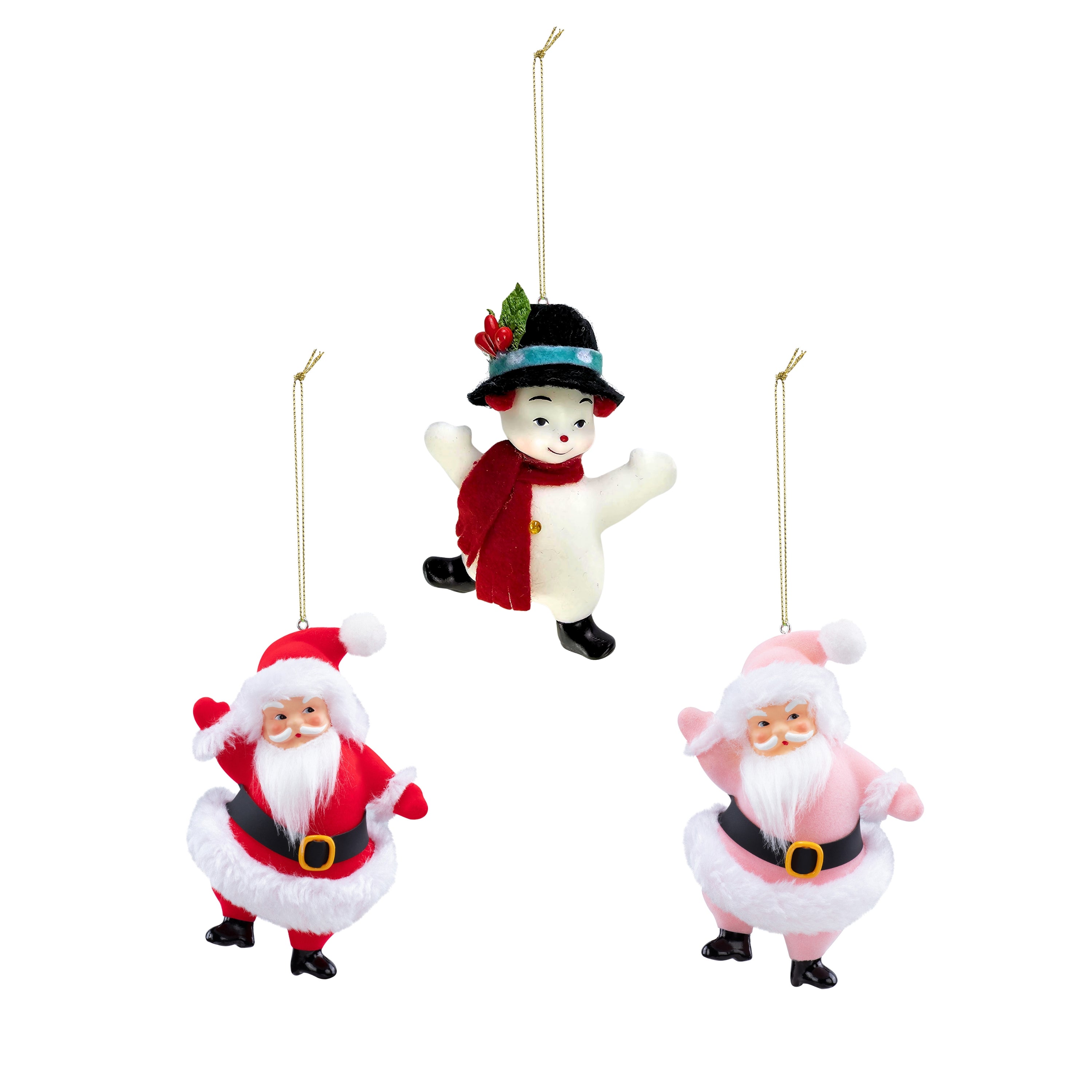Three Christmas-themed ornaments including a Santa Claus, a snowman, and another character on a white background.