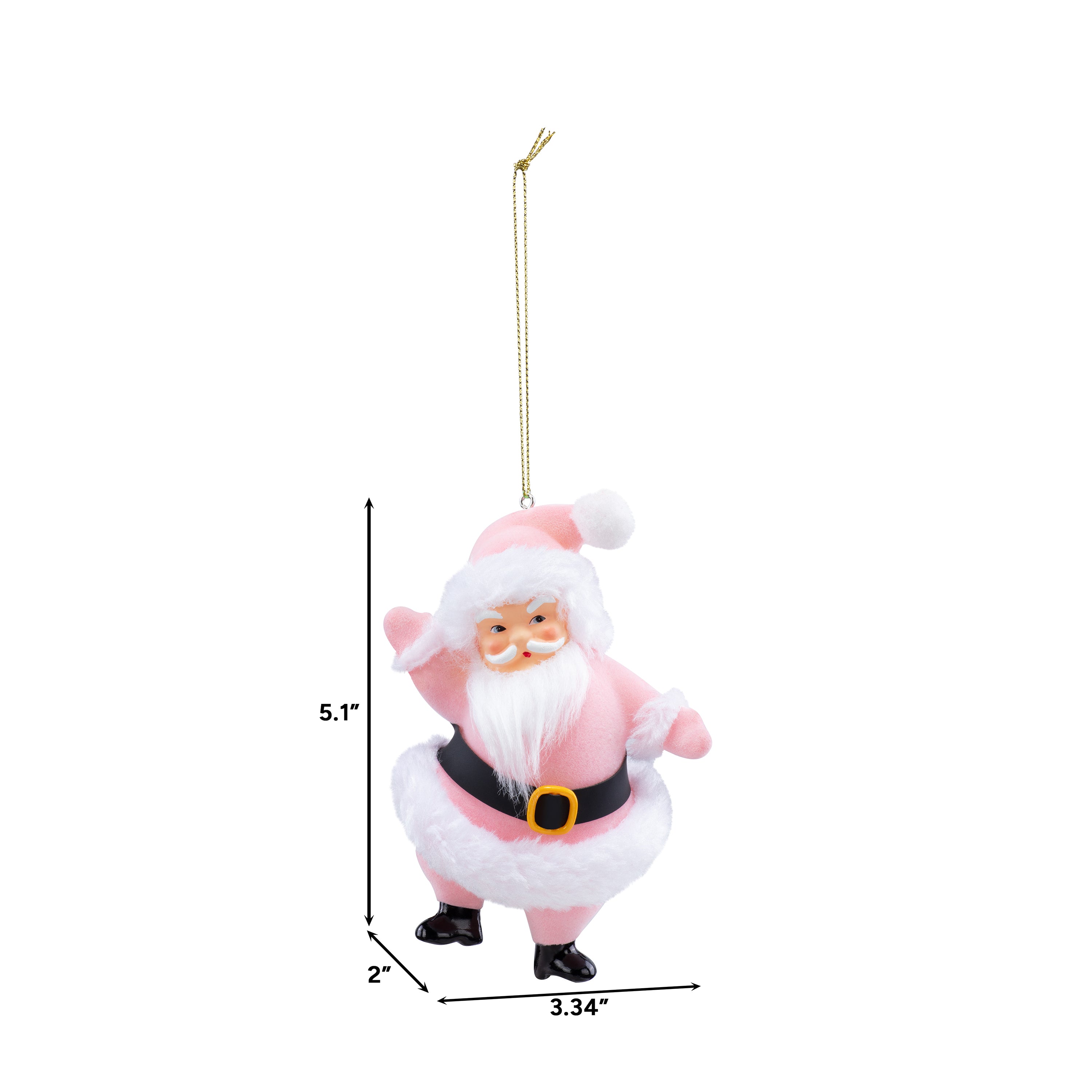 Pink Santa Claus ornament with measurements on a white background