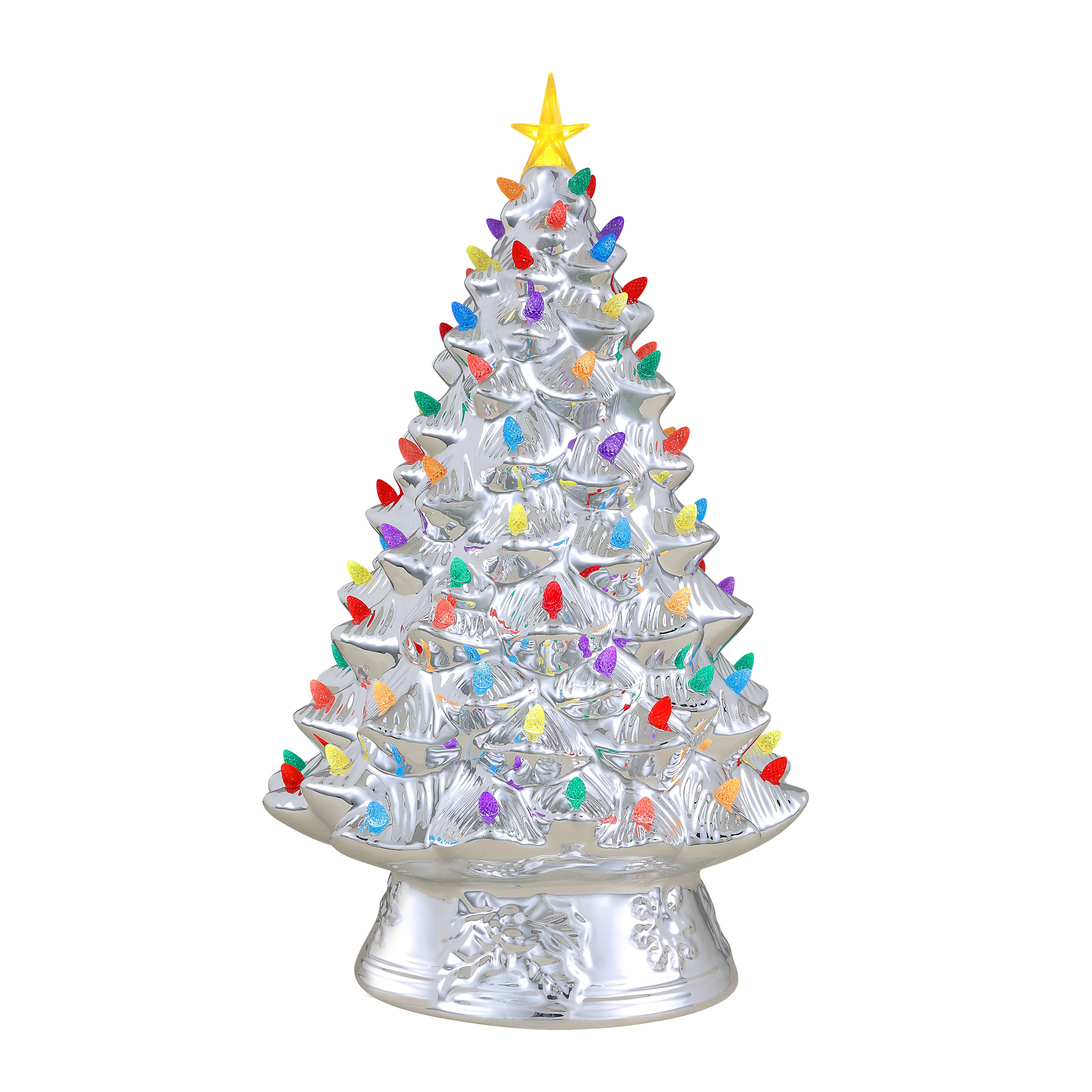 A silver metallic Christmas tree ornament with colorful multi-colored lights and a yellow star on top, displayed on a silver base against a white background.