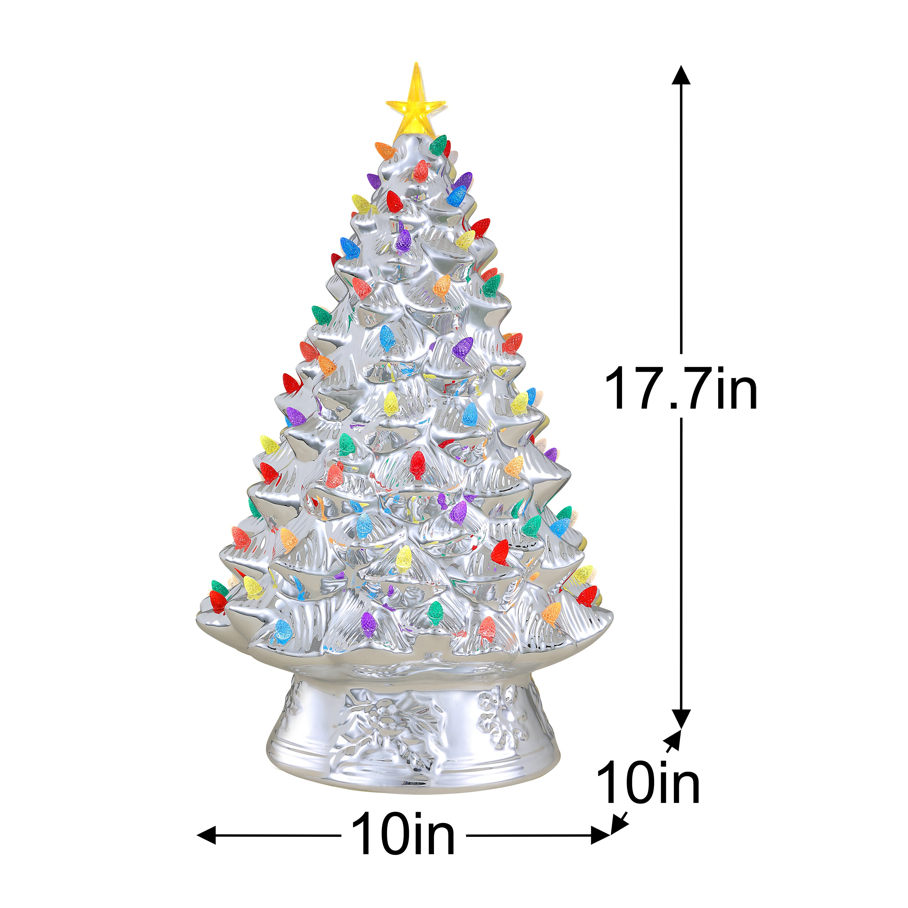 Silver ceramic Christmas tree with multicolored lights and a gold star topper, shown with dimension labels indicating 17.7 inches height, 10 inches base width, and 10 inches pedestal depth on a white background.