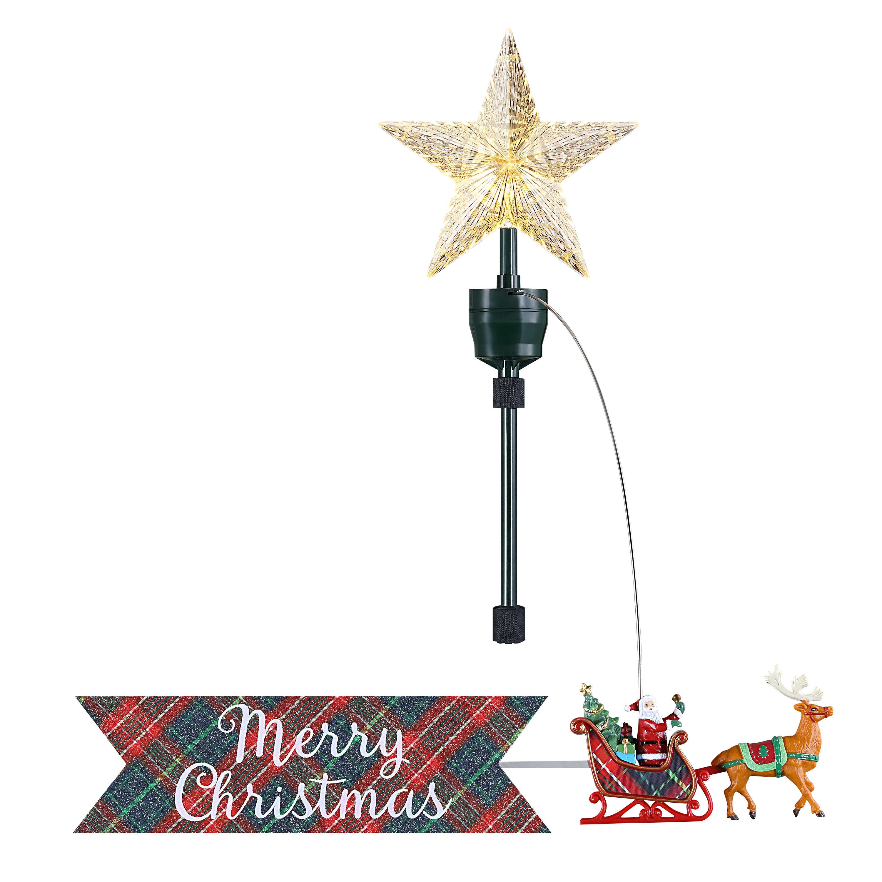 Animated Tree Topper-Santa Sleigh with Plaid Banner