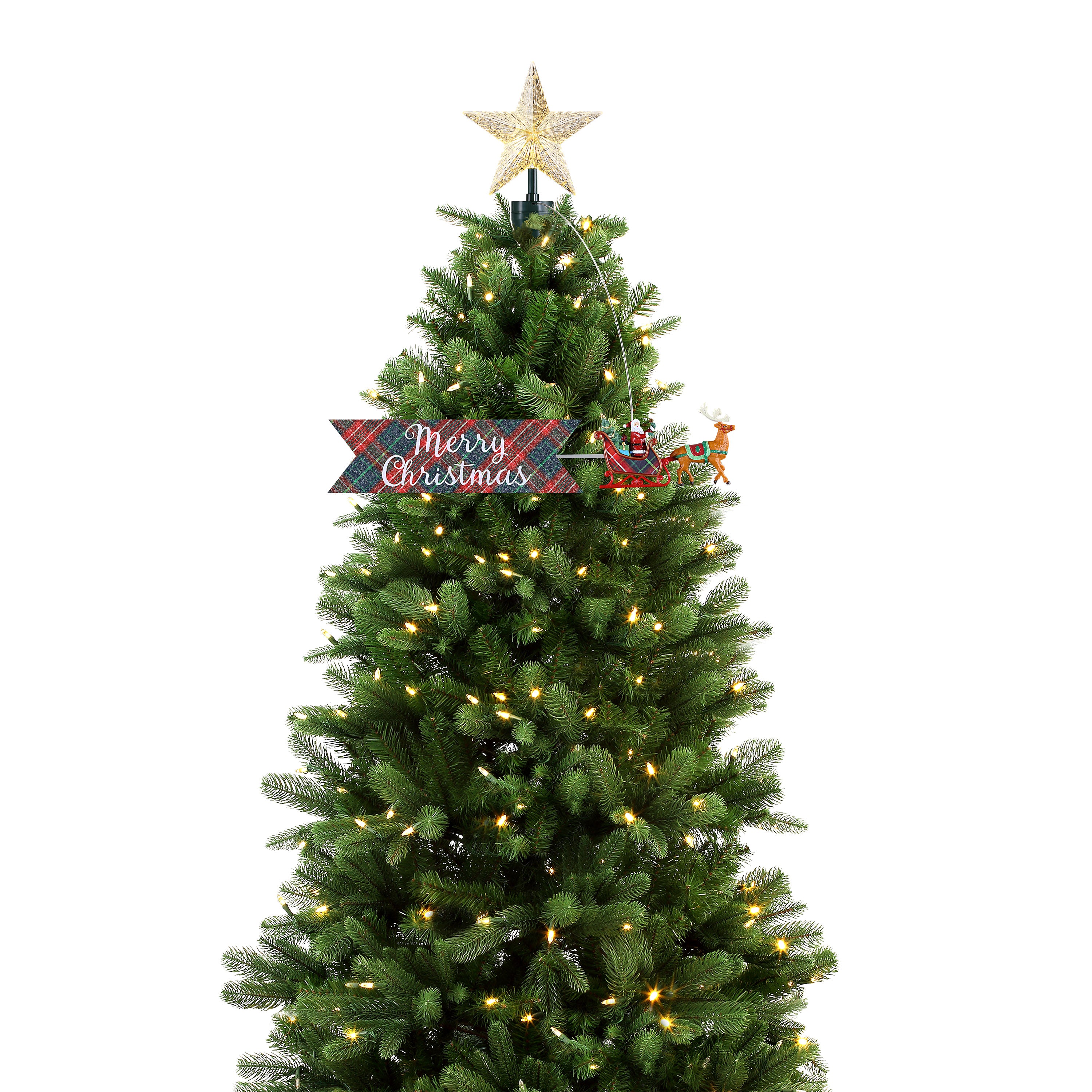 Animated Tree Topper-Santa Sleigh with Plaid Banner