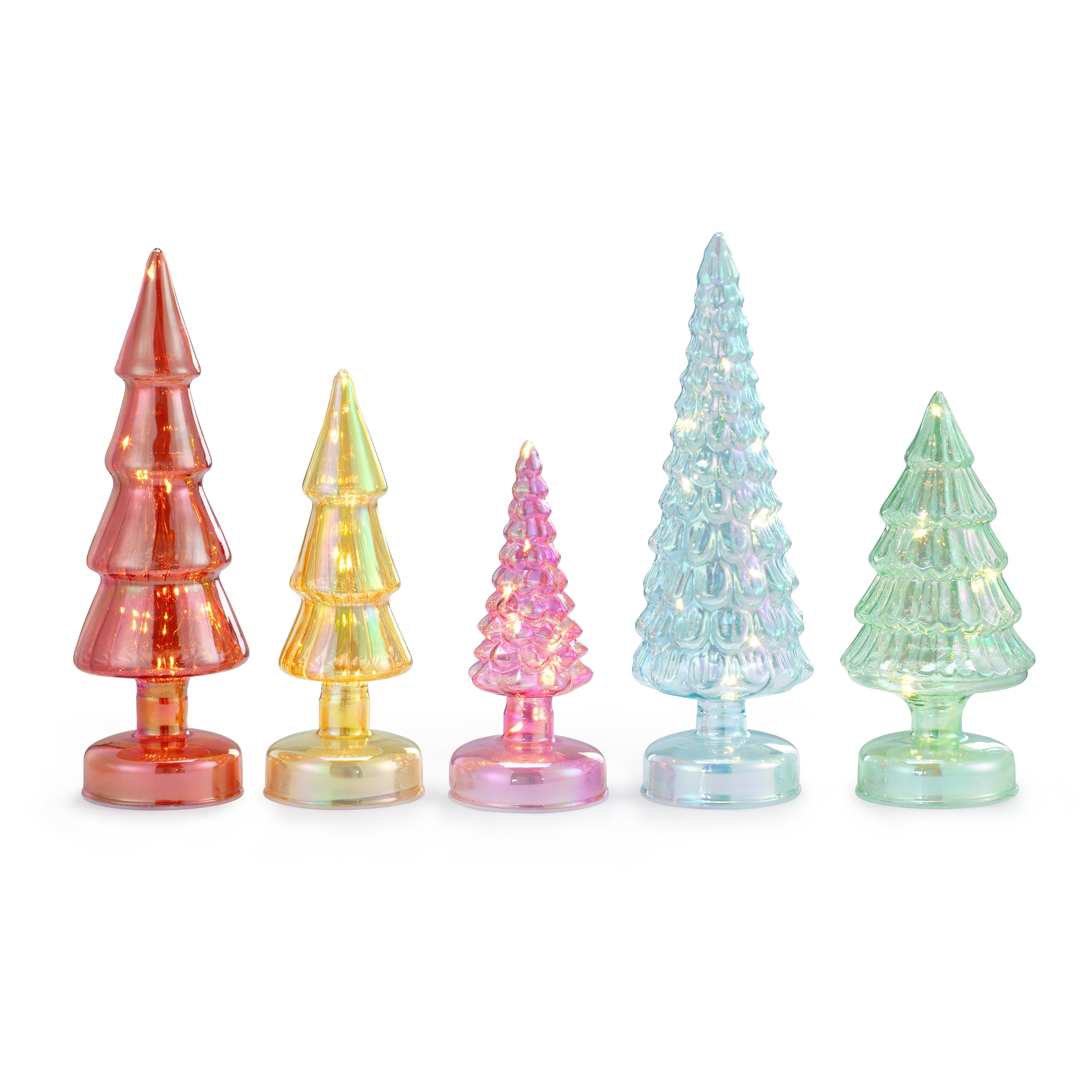 Five small iridescent Christmas trees in different colors and sizes, arranged in a row on a plain white background.