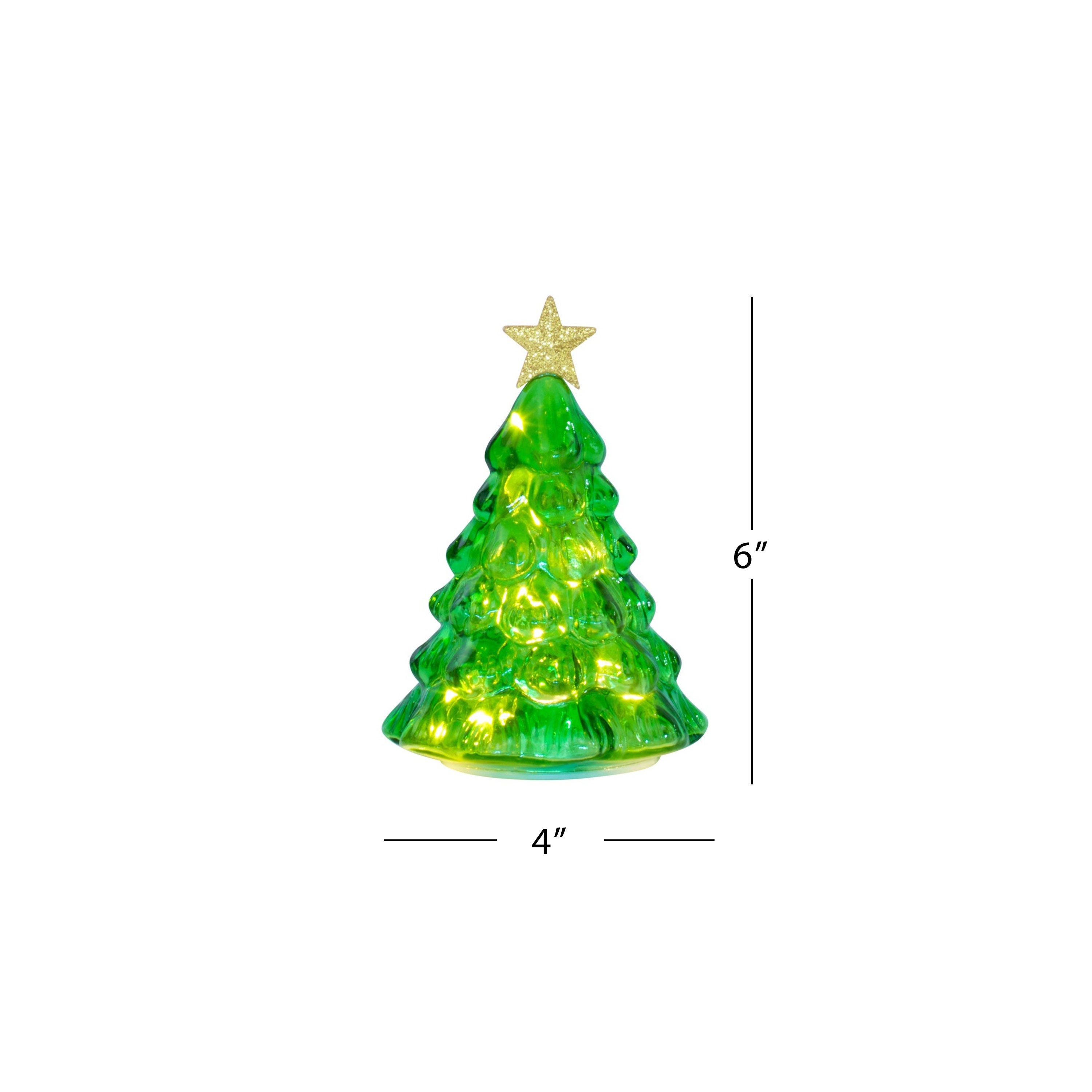 A small green Christmas tree light with a gold star topper, shown on a white background with dimension lines indicating 6 inches tall by 4 inches wide.