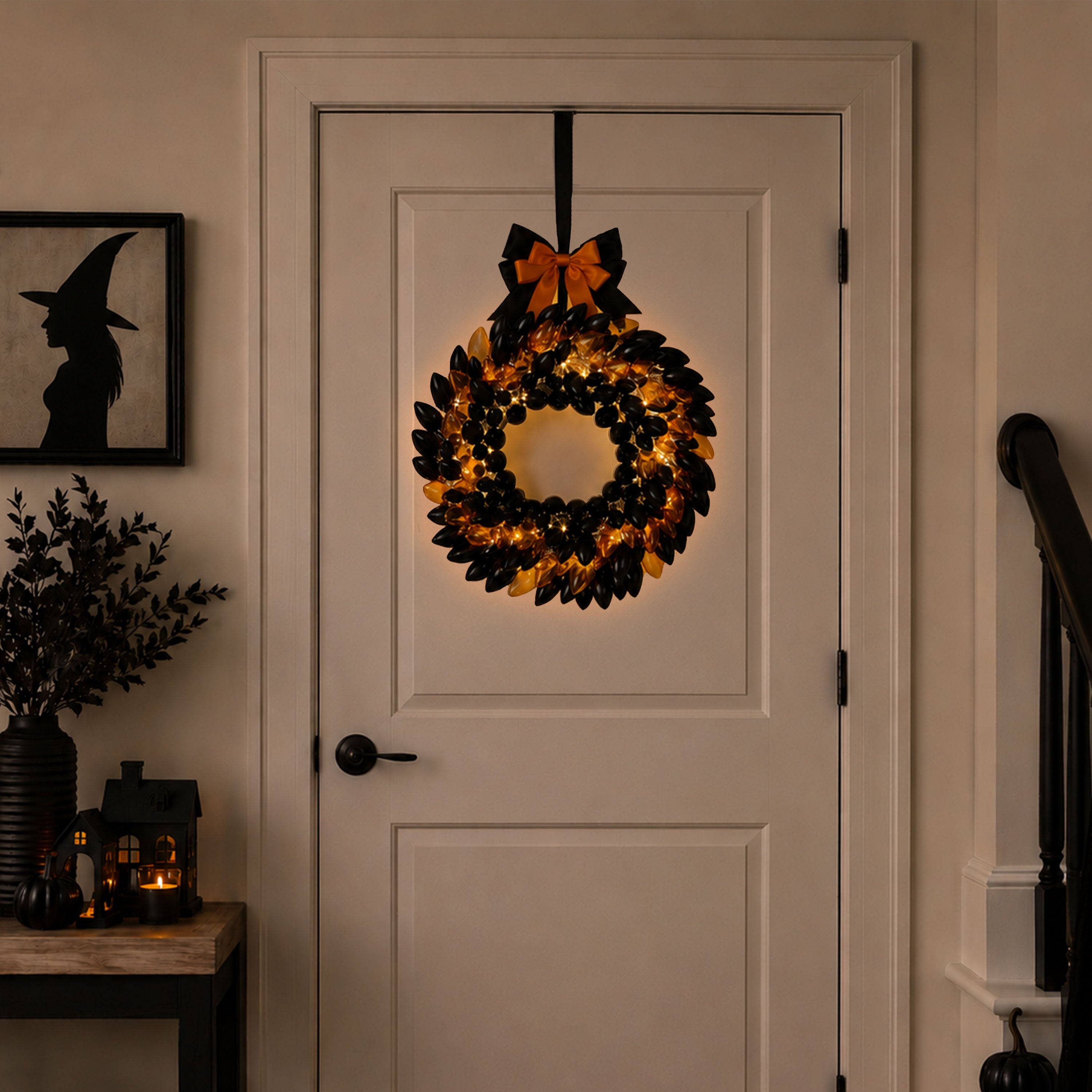 17 in. Retro C9 Bulb Wreath - Black and Orange - Mr. Christmas