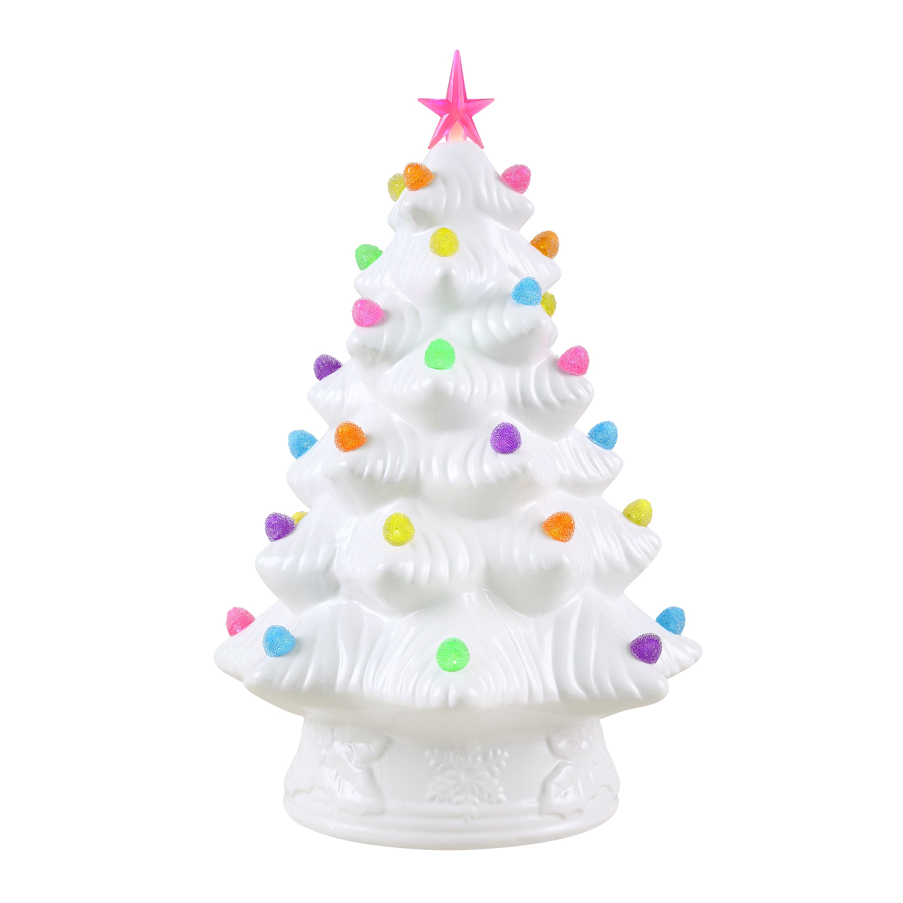 A white ceramic Christmas tree figurine decorated with colorful, gumdrops and topped with a pink star, set against a plain white background.