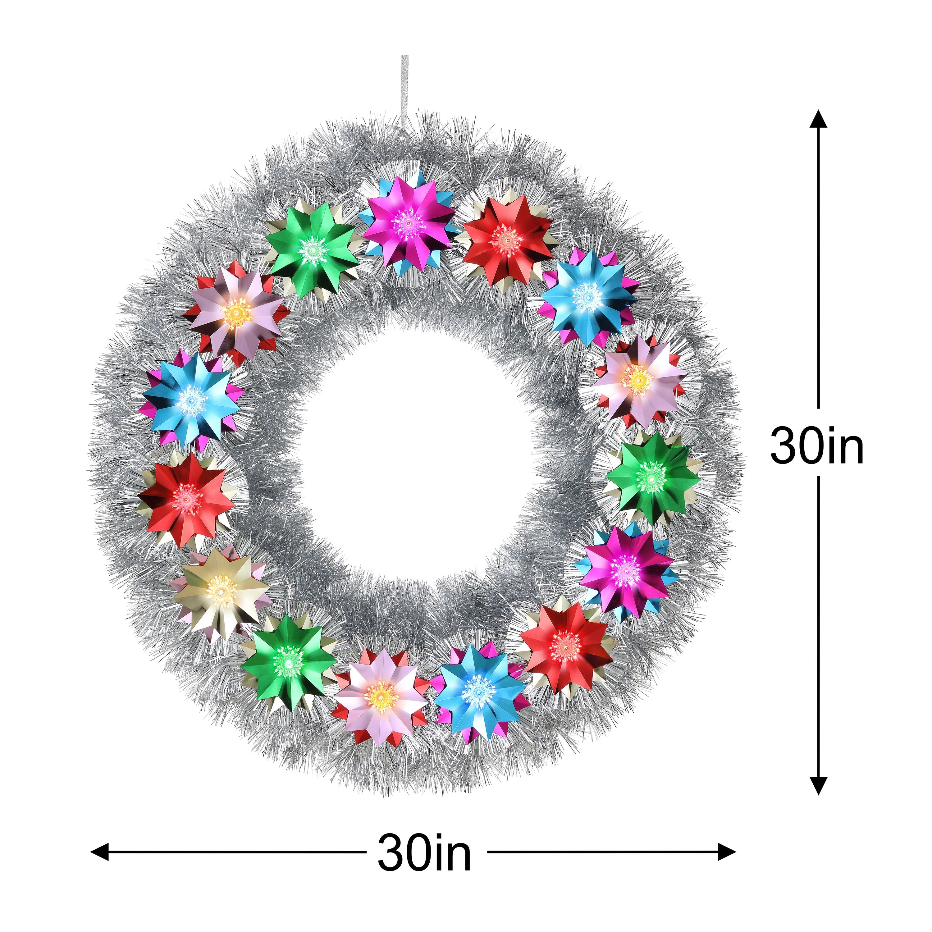 30 in. Tinsel Wreath with Flower Pom-poms - Mr. Christmas