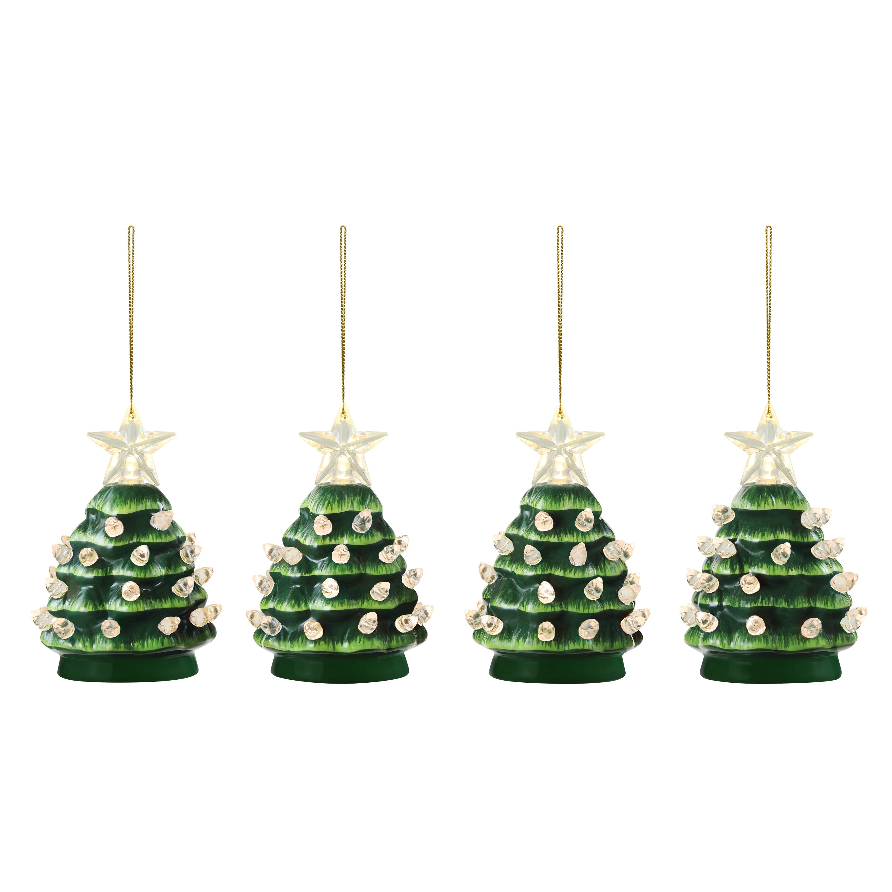 4 in. Set of 4 Nostalgic Ceramic Tree Ornaments - Green with Clear Bulbs - Mr. Christmas