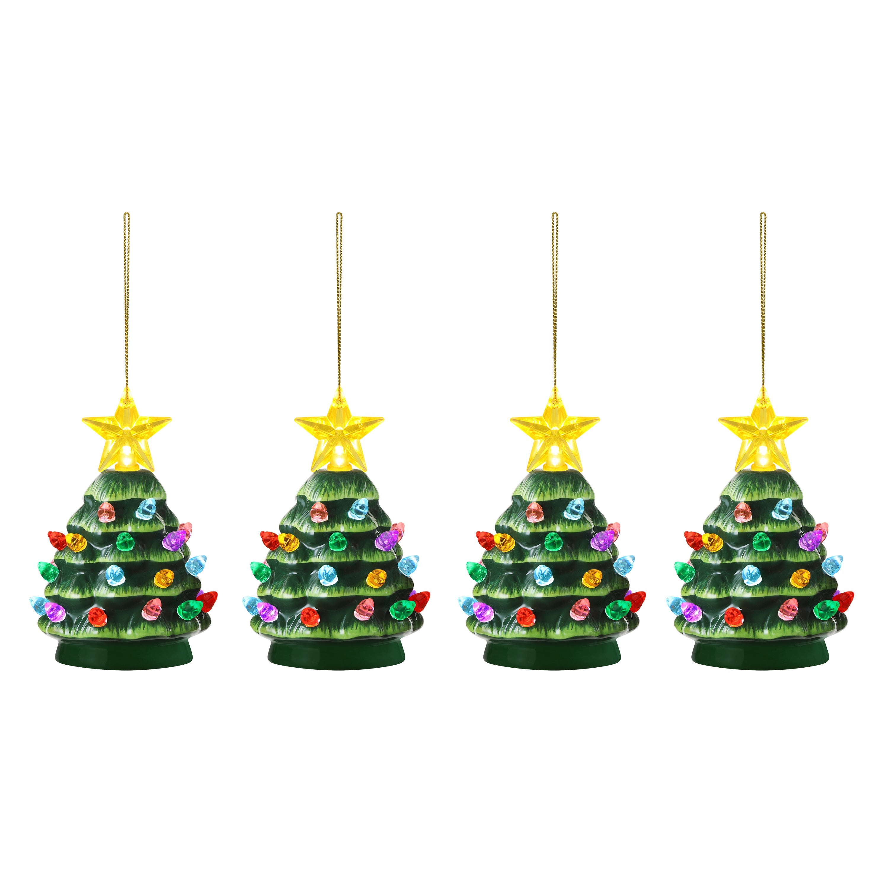 4 in. Set of 4 Nostalgic Ceramic Tree Ornaments - Green with Multicolored Bulbs - Mr. Christmas