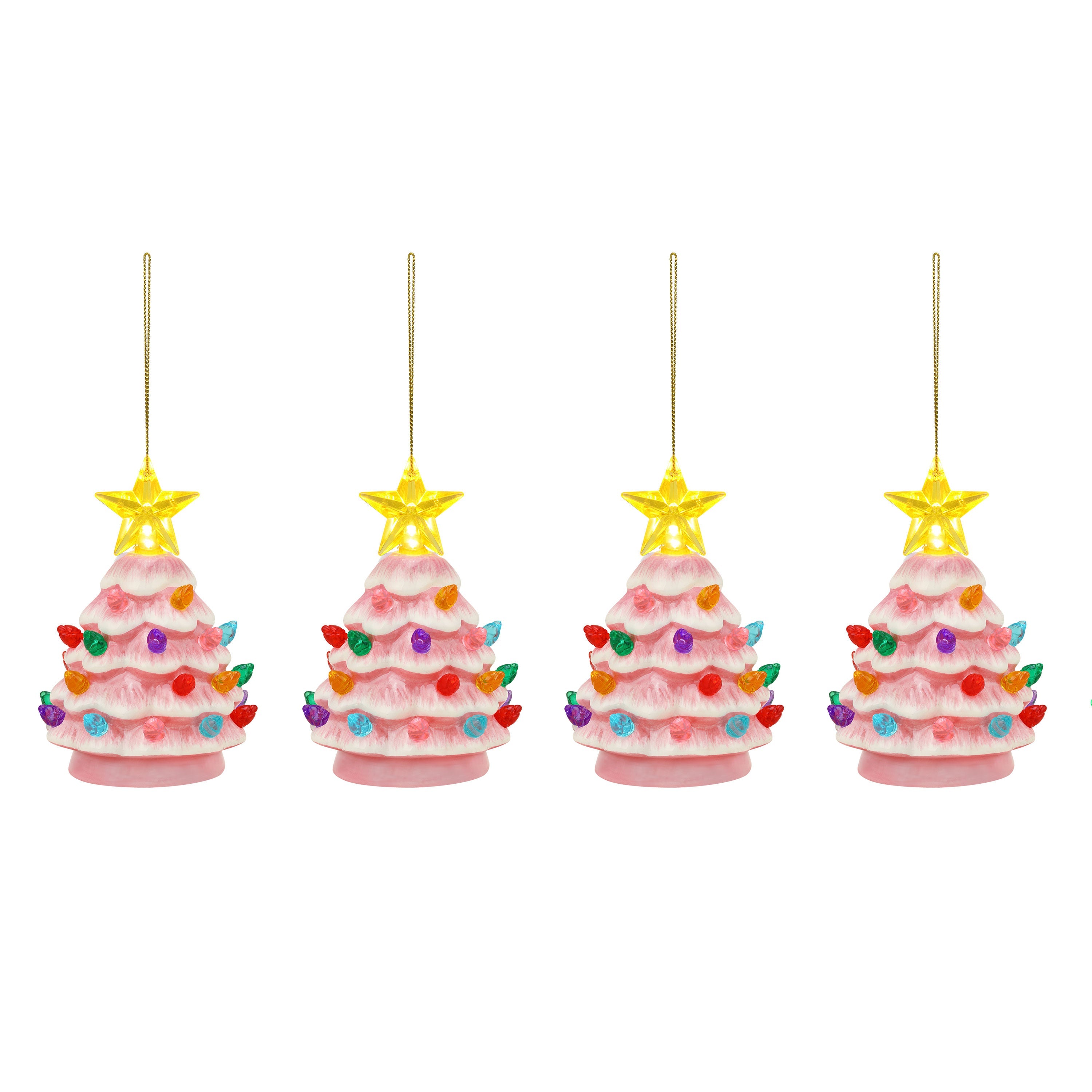 4 in. Set of 4 Nostalgic Ceramic Tree Ornaments - Pink with Multicolored Bulbs - Mr. Christmas