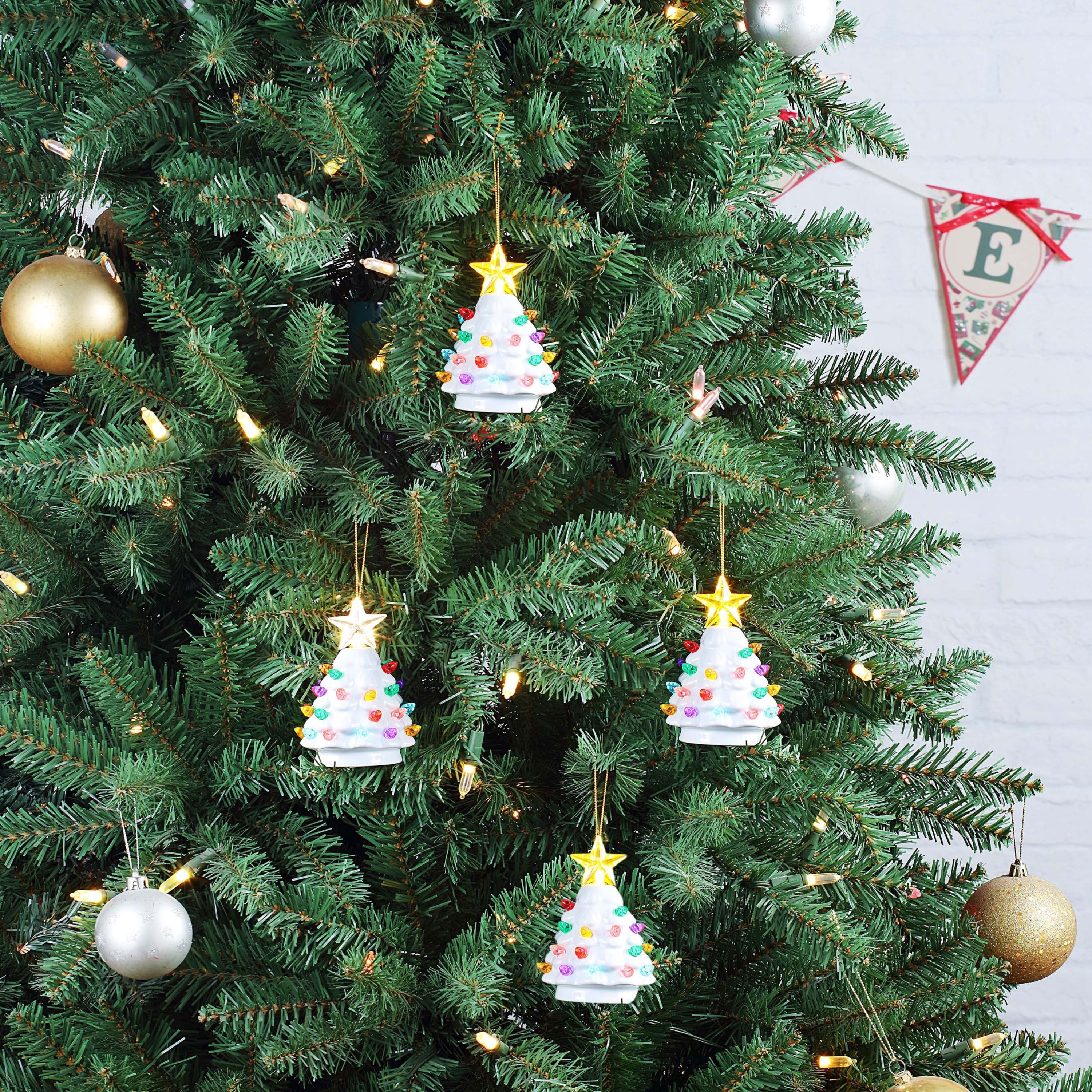 4 in. Set of 4 Nostalgic Ceramic Tree Ornaments - White with Multicolored Bulbs - Mr. Christmas