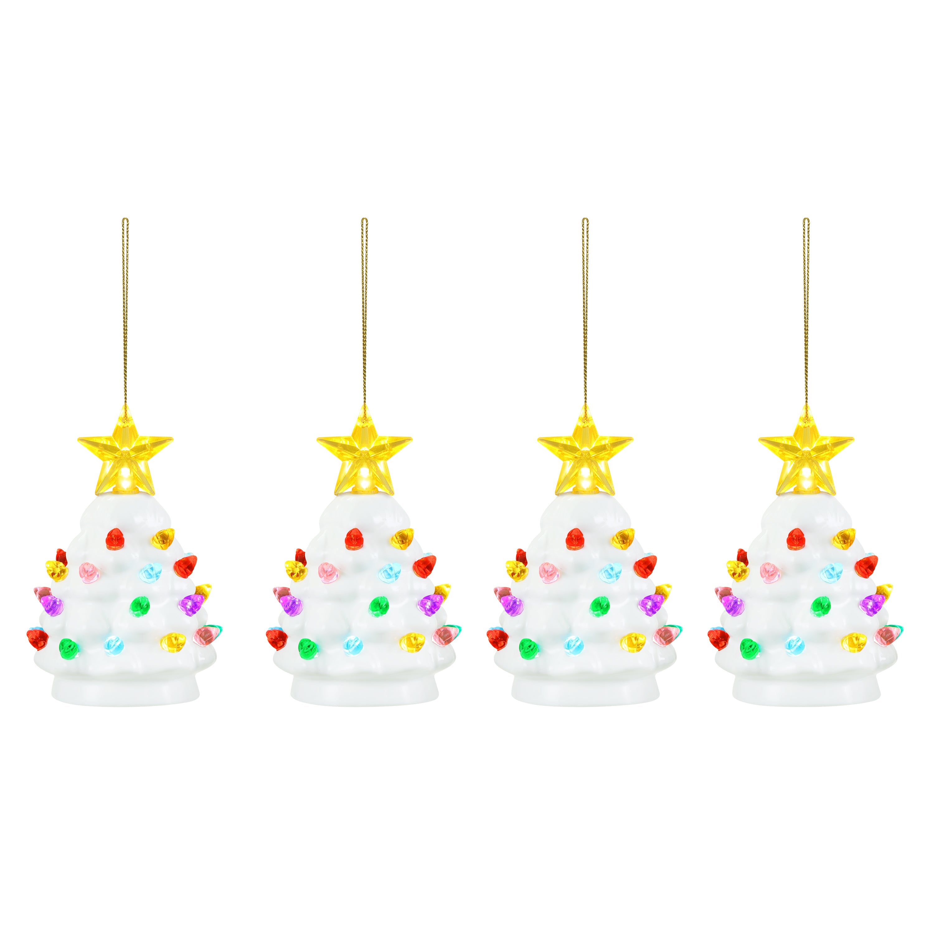 4 in. Set of 4 Nostalgic Ceramic Tree Ornaments - White with Multicolored Bulbs - Mr. Christmas