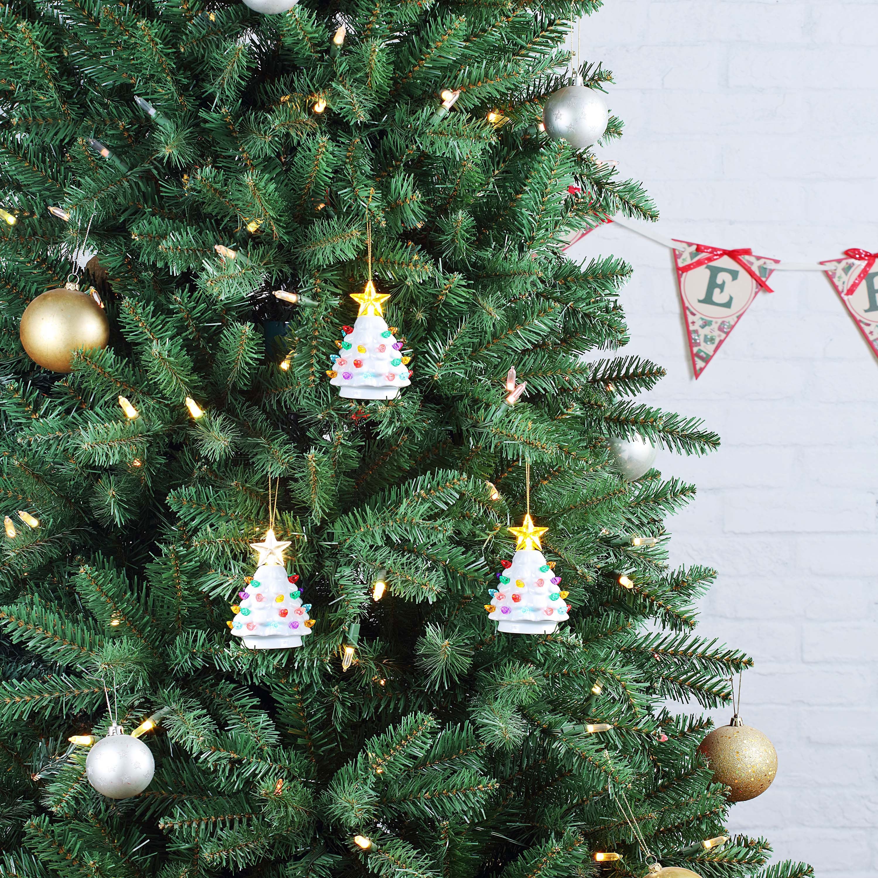 4 in. Set of 4 Nostalgic Ceramic Tree Ornaments - White with Multicolored Bulbs - Mr. Christmas