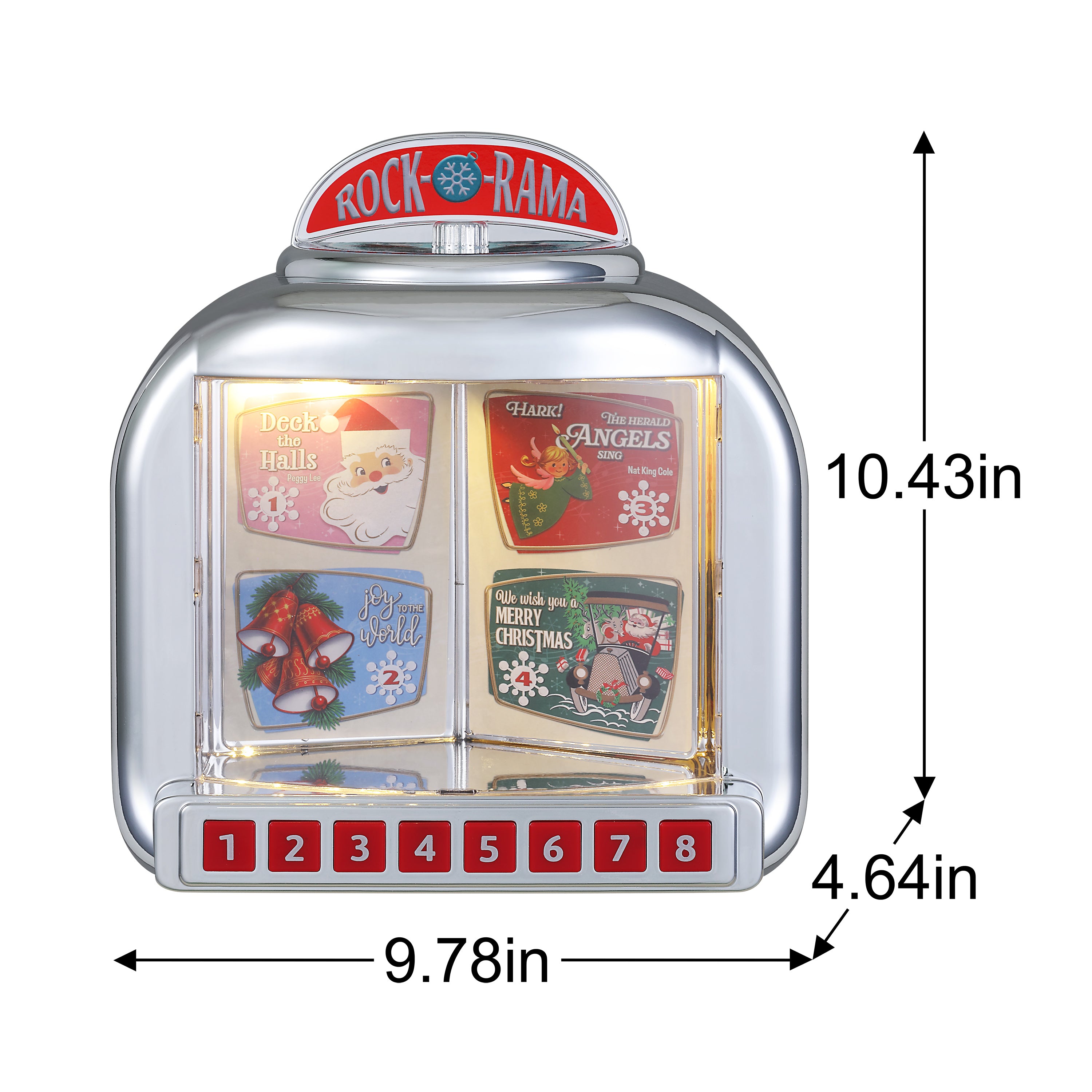A silver retro-style toy jukebox with Christmas-themed card displays inside and dimension labels showing 10.43 inches tall, 9.