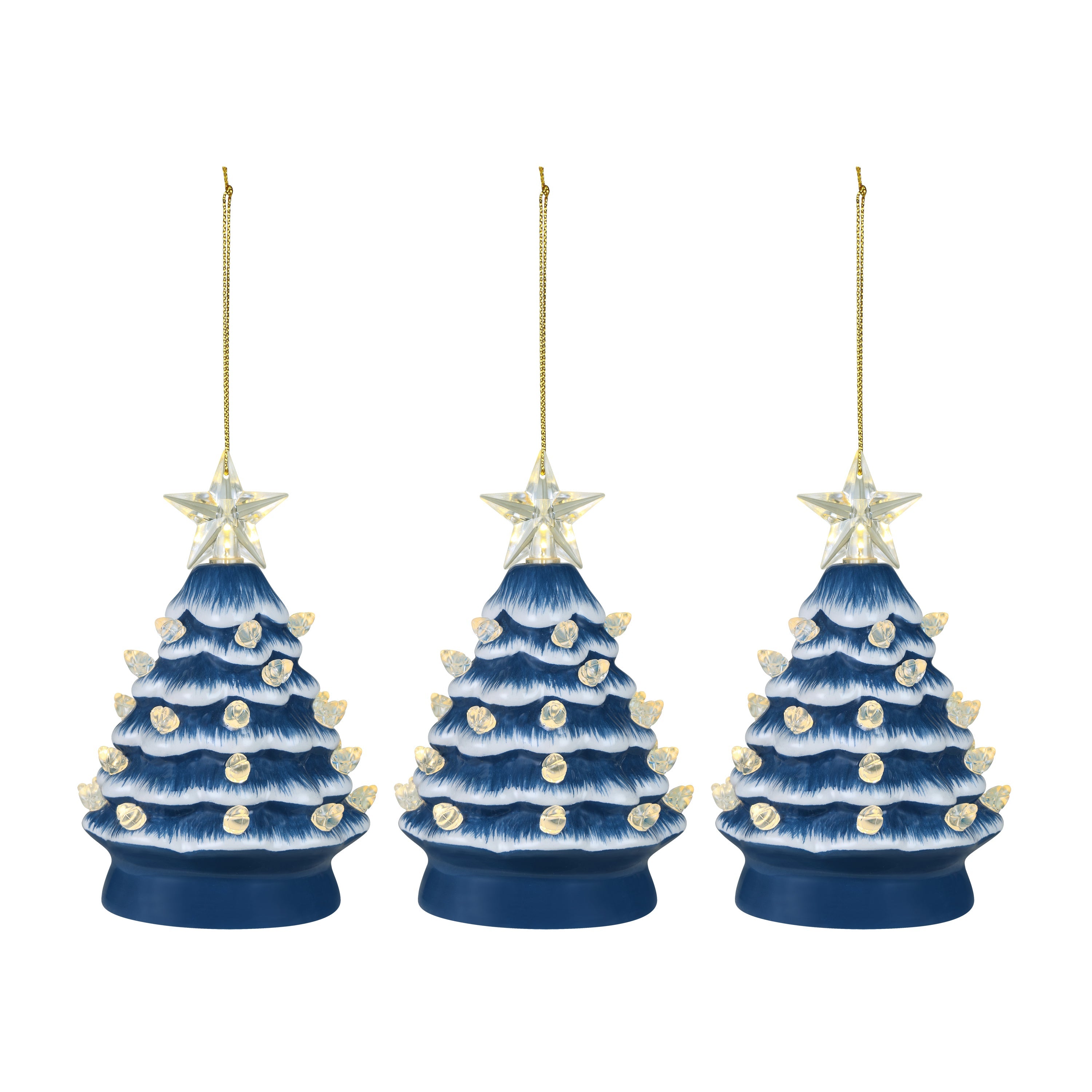 5 in. Set of 3 Nostalgic Ceramic Tree Ornament - Blue with White Bulbs - Mr. Christmas