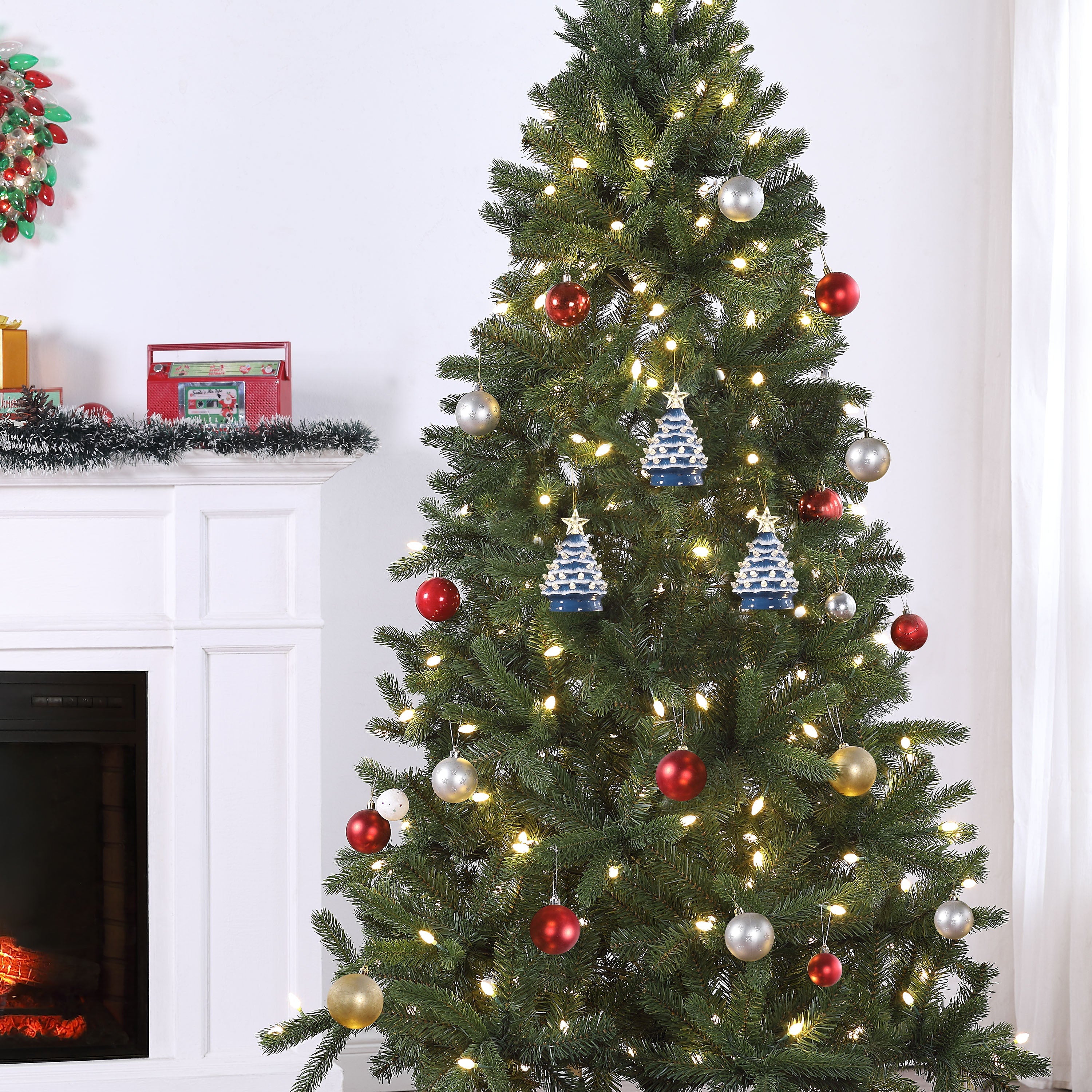 5 in. Set of 3 Nostalgic Ceramic Tree Ornament - Blue with White Bulbs - Mr. Christmas