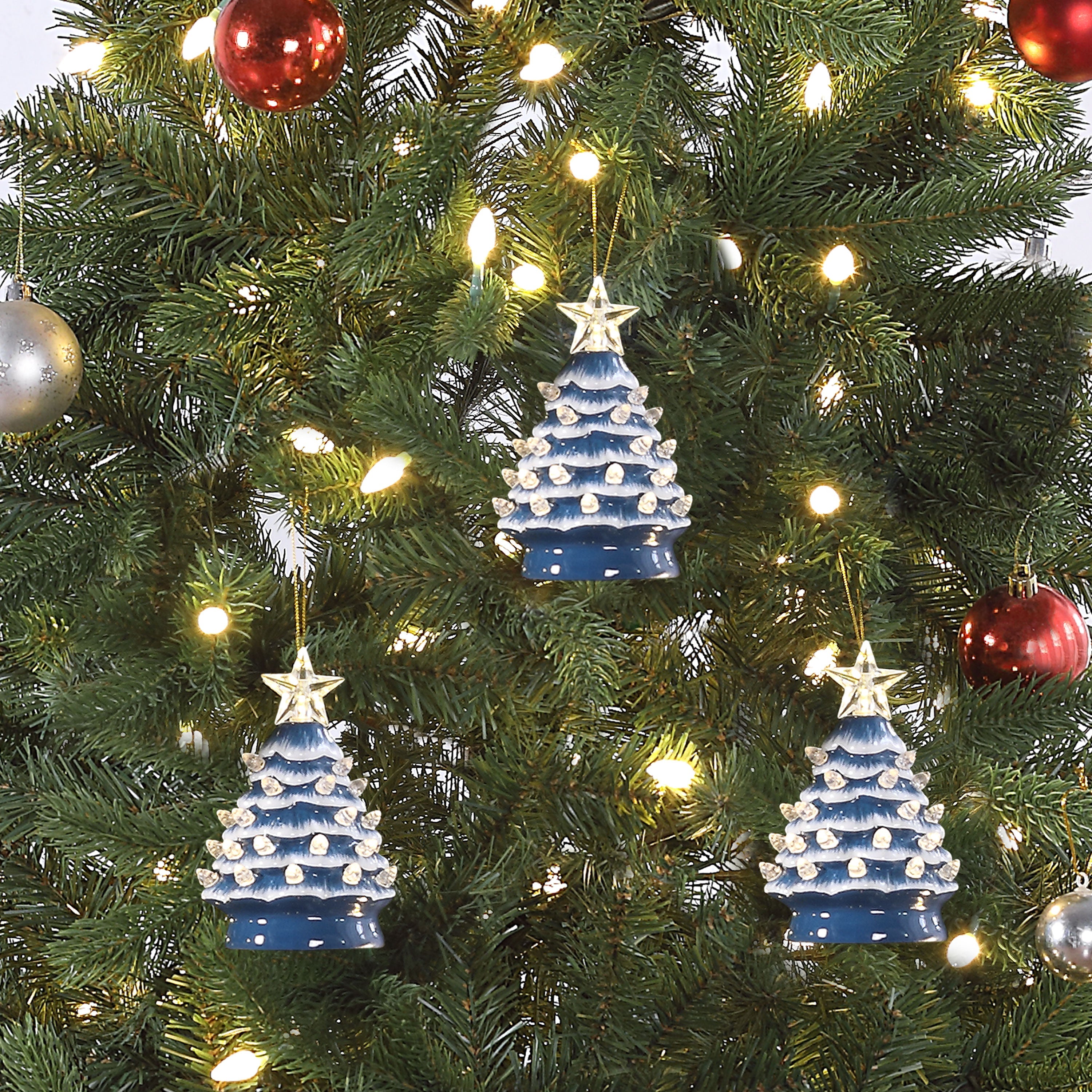 5 in. Set of 3 Nostalgic Ceramic Tree Ornament - Blue with White Bulbs - Mr. Christmas