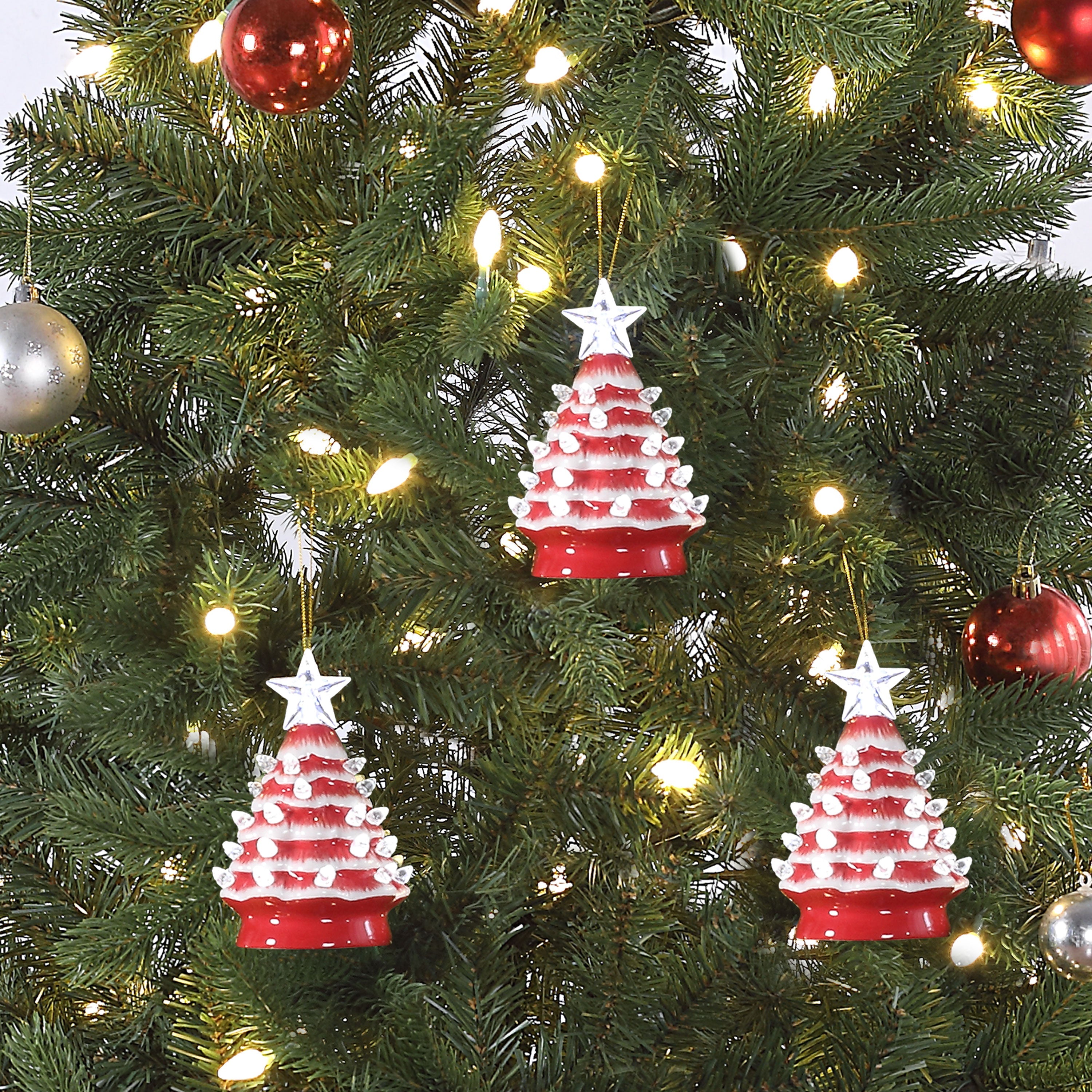 5 in. Set of 3 Nostalgic Ceramic Tree Ornament - Red with White Bulbs - Mr. Christmas