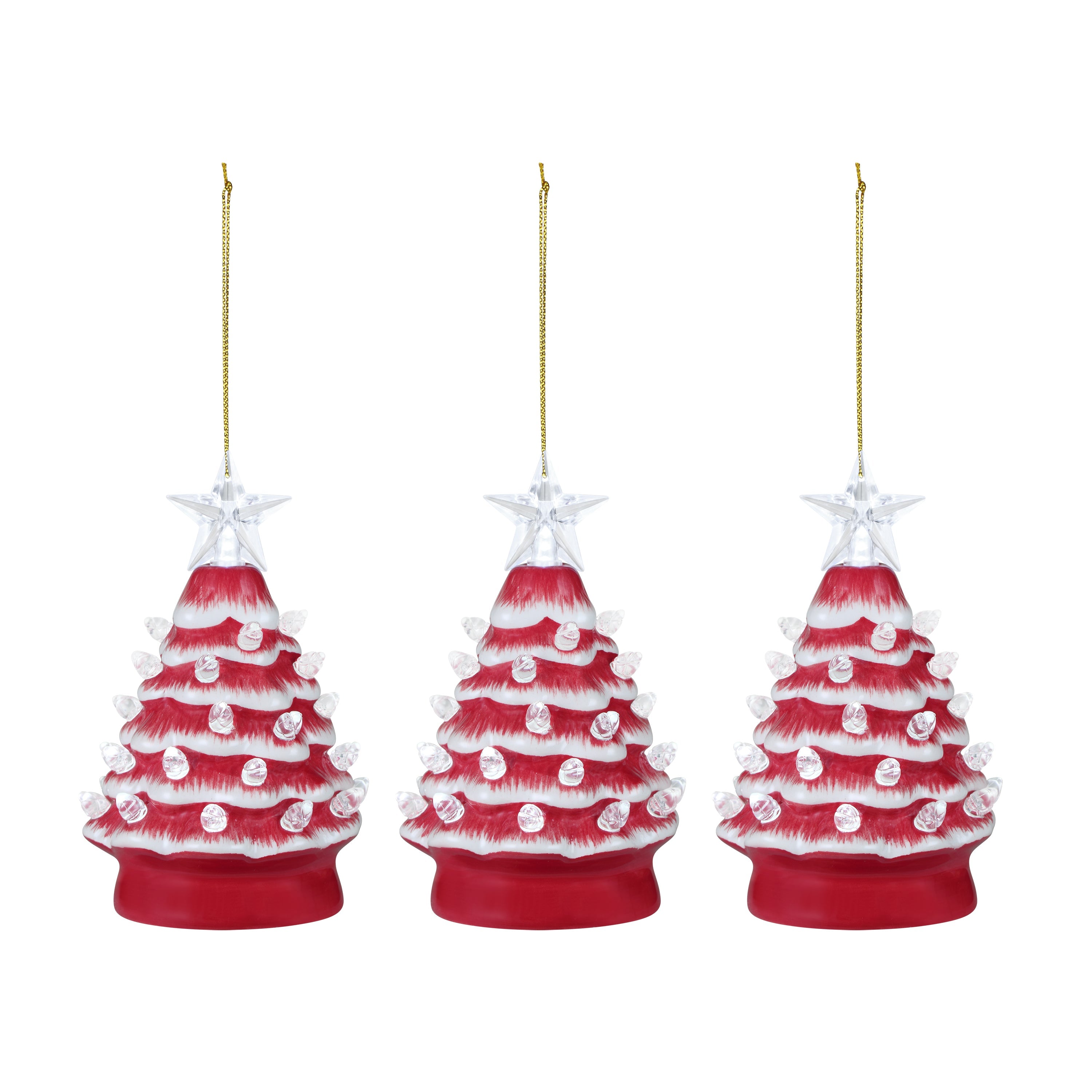 5 in. Set of 3 Nostalgic Ceramic Tree Ornament - Red with White Bulbs - Mr. Christmas