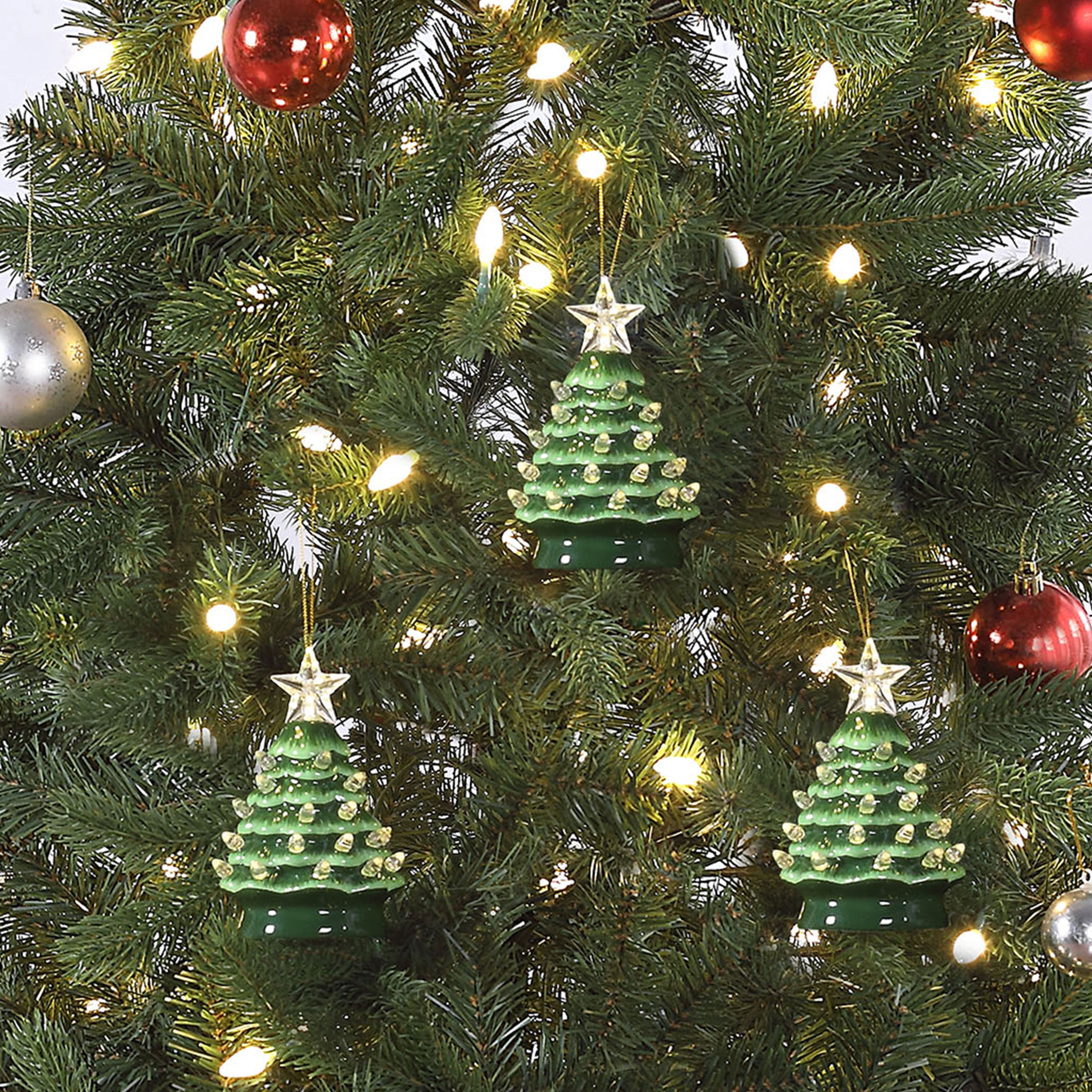 5 in. Set of Nostalgic Ceramic Tree Ornament - Green with White Bulbs - Mr. Christmas