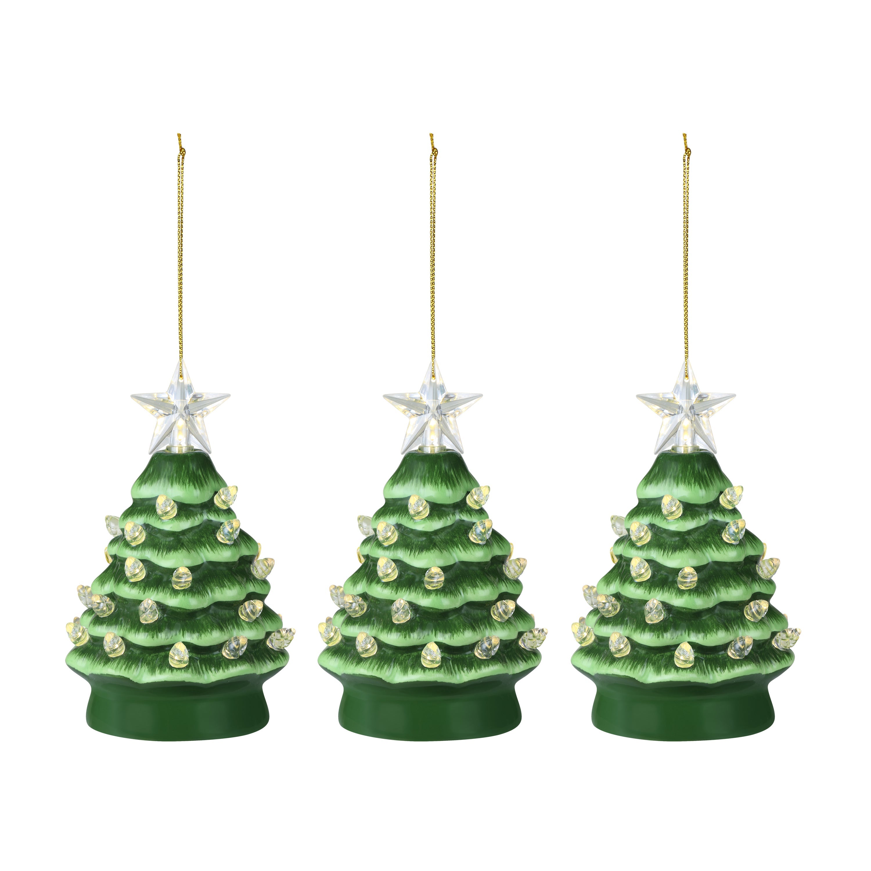 5 in. Set of Nostalgic Ceramic Tree Ornament - Green with White Bulbs - Mr. Christmas