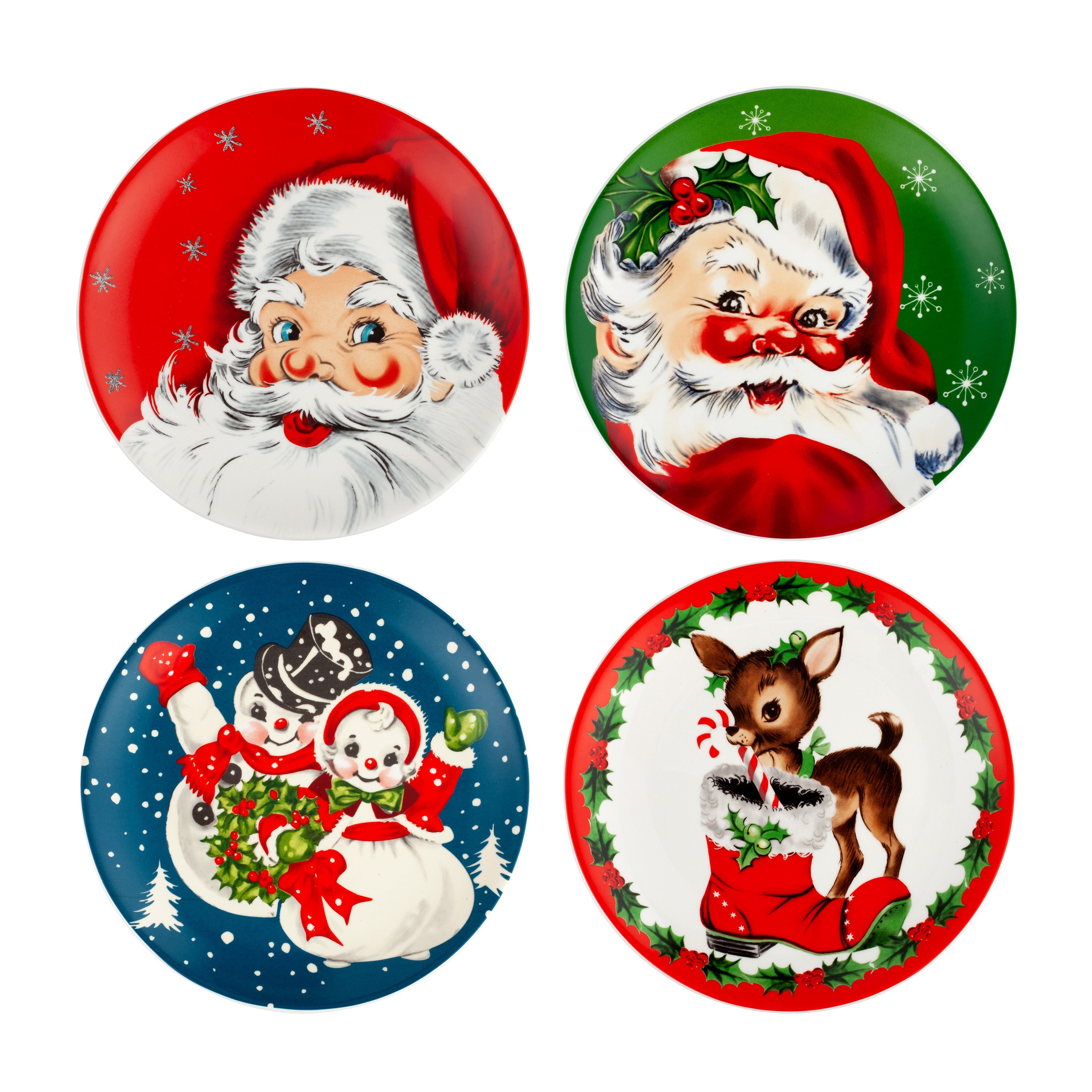 Four Christmas-themed plates featuring Santa Claus, a reindeer, snowmen, and a deer with a candy cane.
