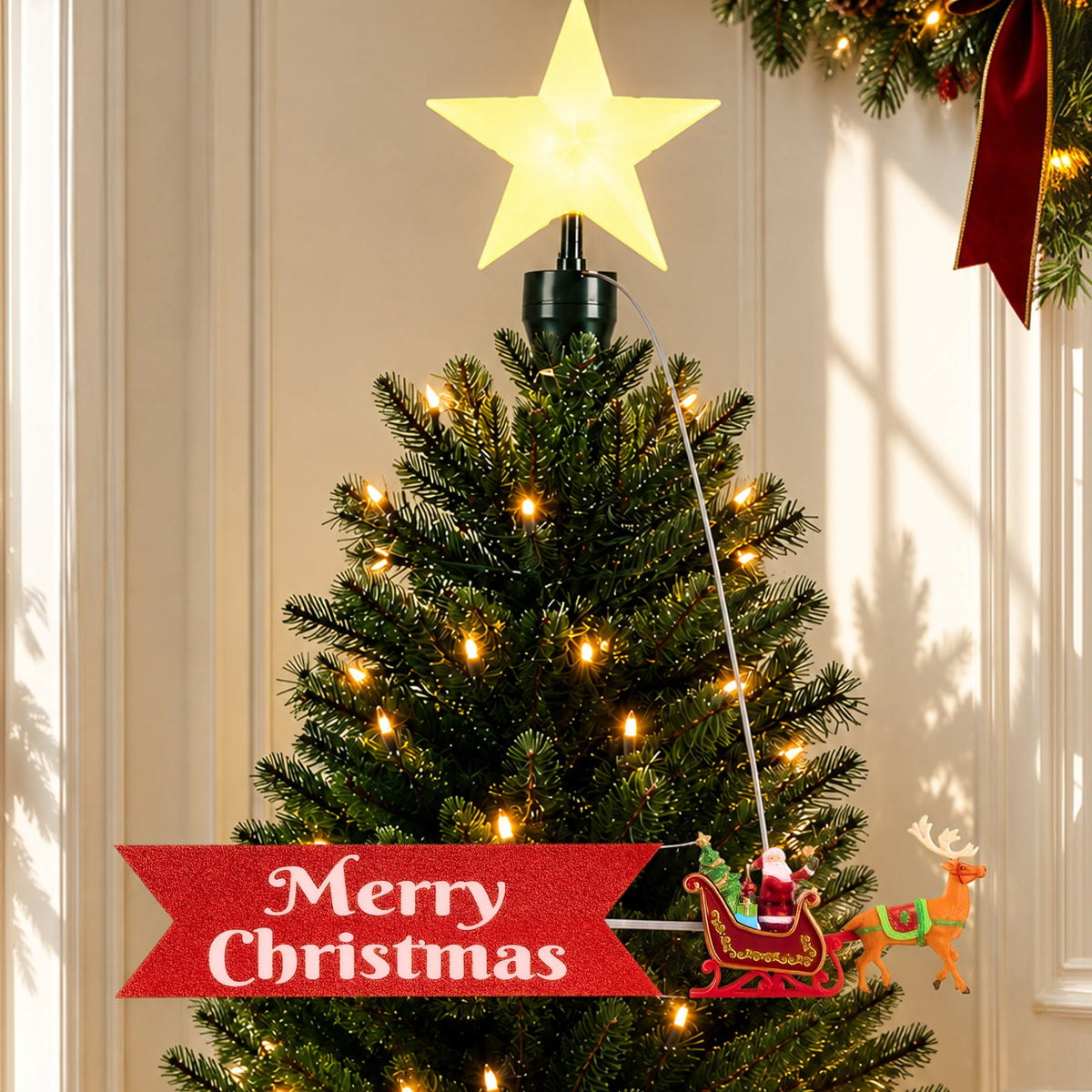 Animated Sleigh Tree Topper with Banner - White Santa - Mr. Christmas