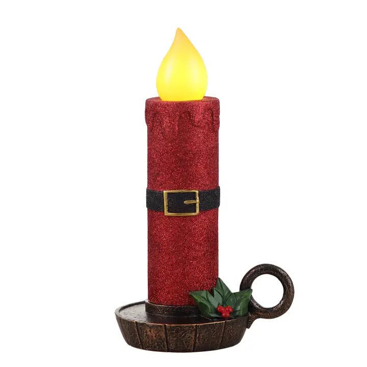 Lit 10 in. Chamberstick Candle - Glitter Red with Belt - Mr. Christmas