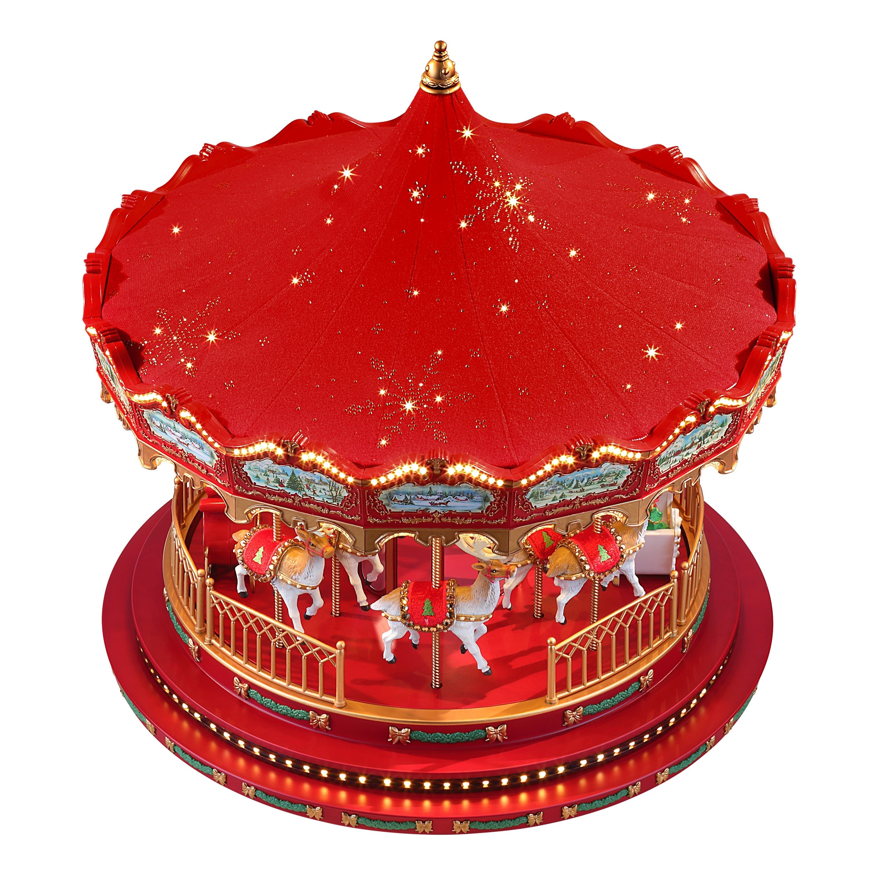 Close-up of top canopy with gold accents and crystals on the Mr. Christmas 17 in. Animated Deluxe Crystal Carousel - Red