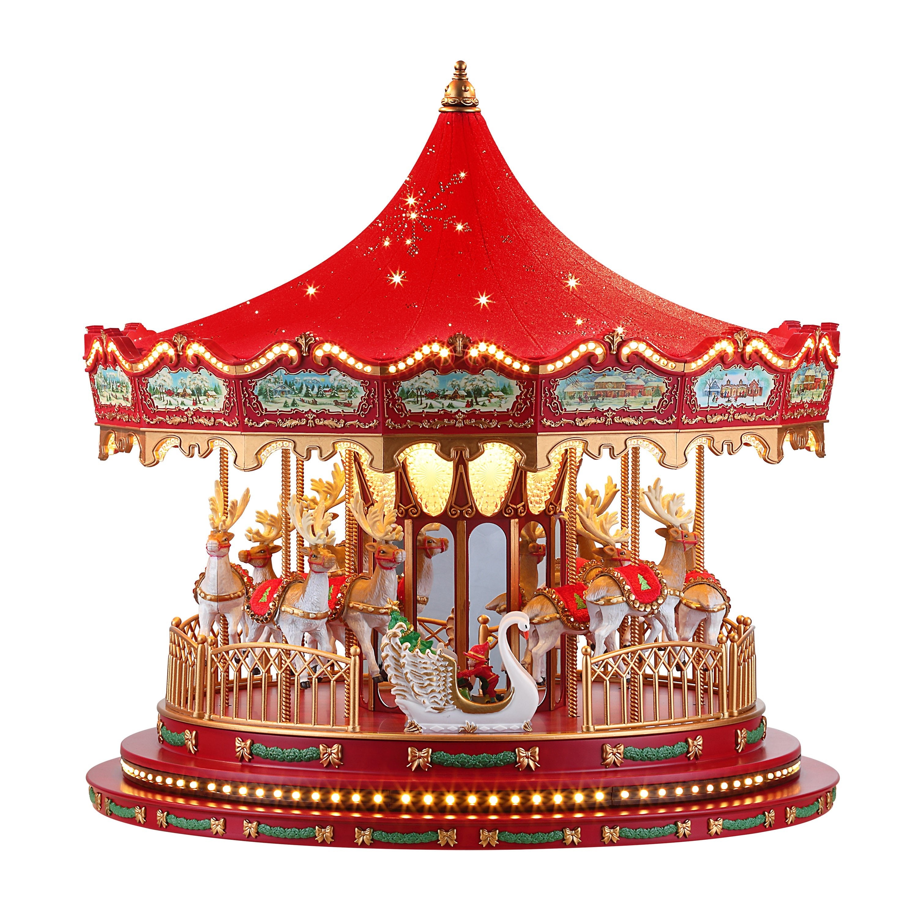 Showcasing Elf riding a swan on the Mr. Christmas 17 in. Animated Deluxe Crystal Carousel - Red