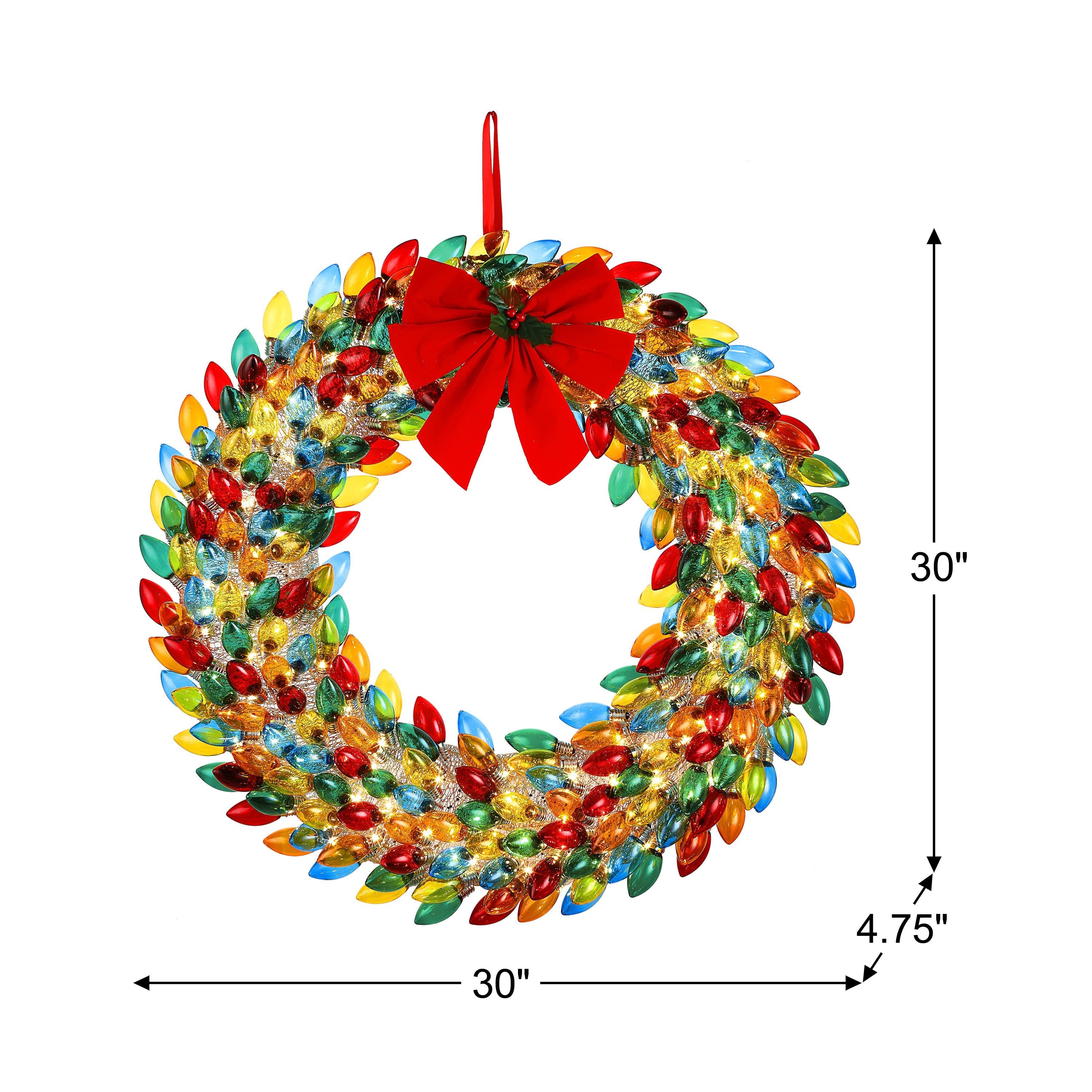 Mr. Christmas 30 in. Retro C9 Bulb Wreath - Multi - Color image showing dimensions of length, width and height
