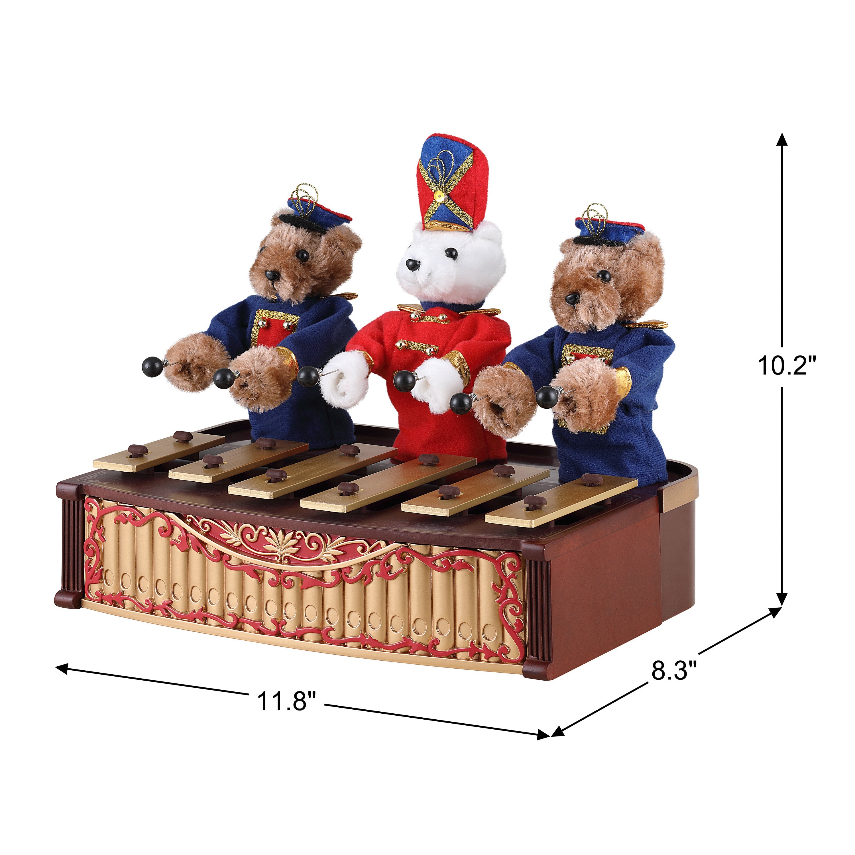 Dimensions of Mr. Christmas Animated Bandstand Bears shown with measurements
