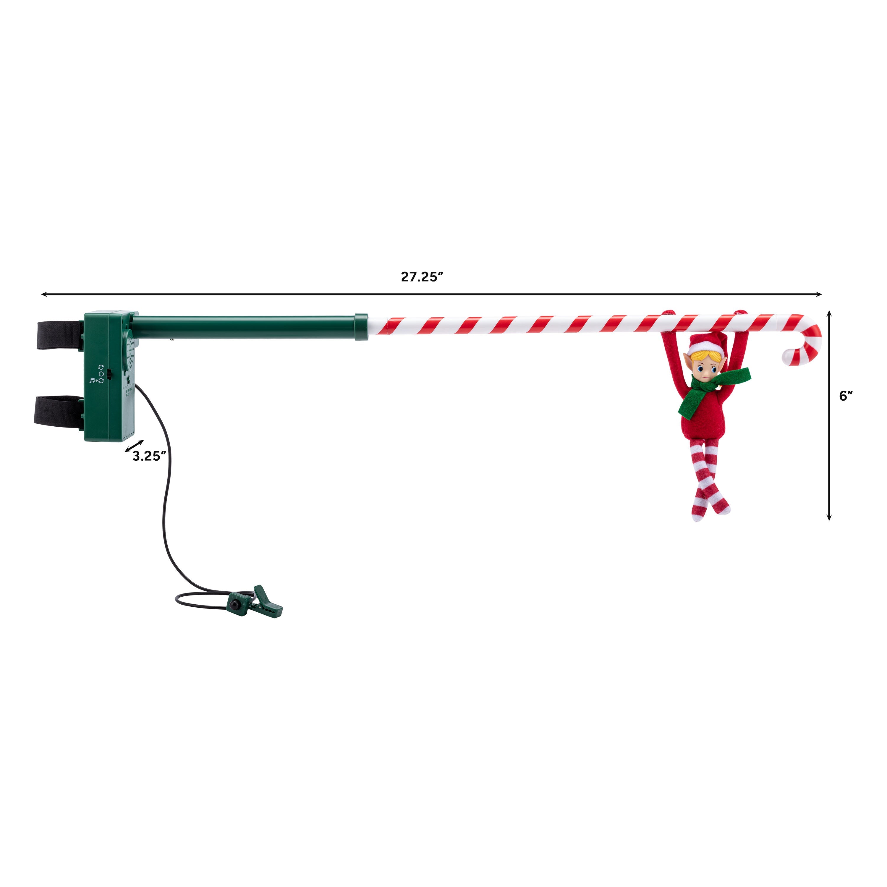 Size diagram showing Mr. Christmas Elf Acrobat extended to 27.25 inches wide with telescoping pole