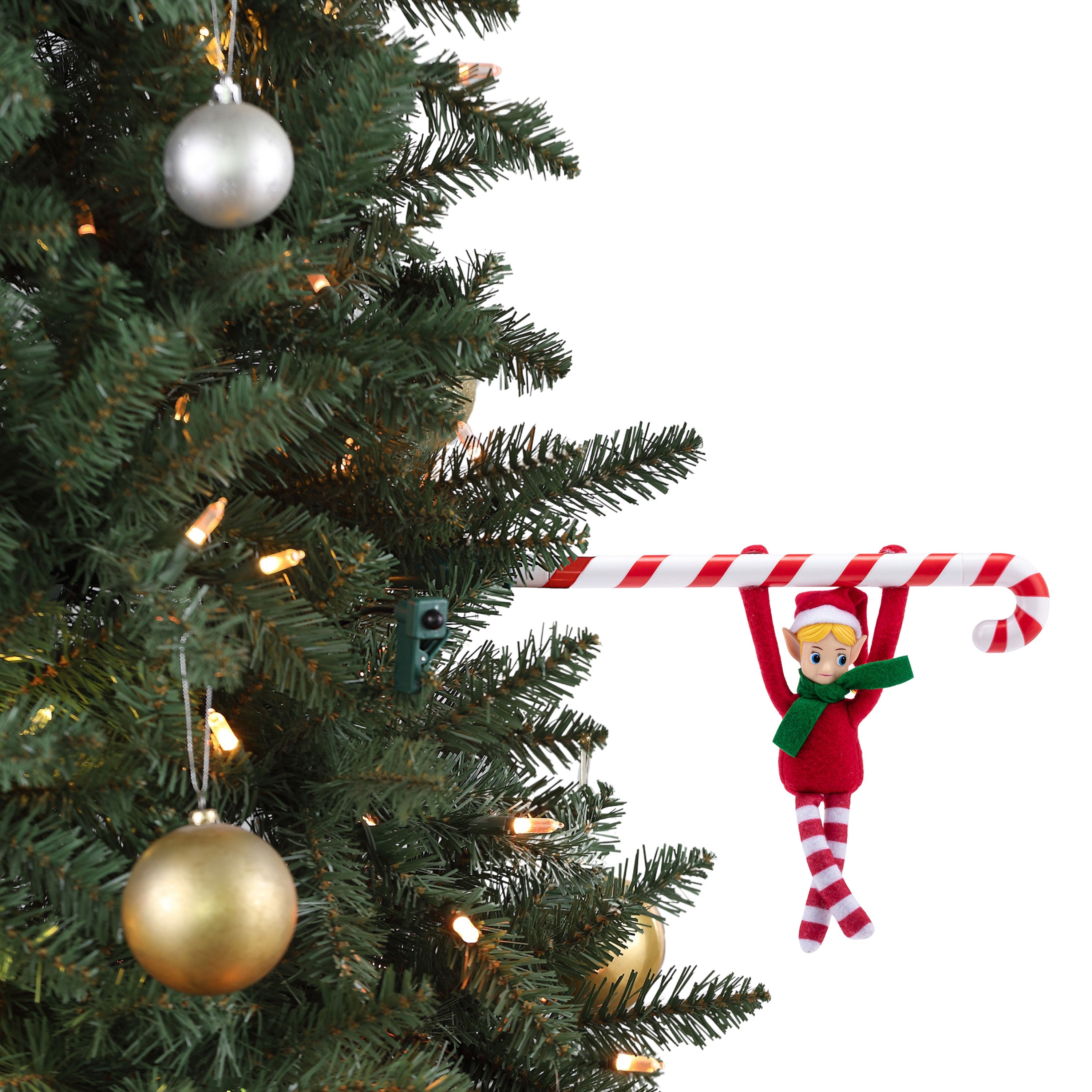 Mr. Christmas 6-inch Animated Candy Cane Elf Acrobat spinning on tree with white background