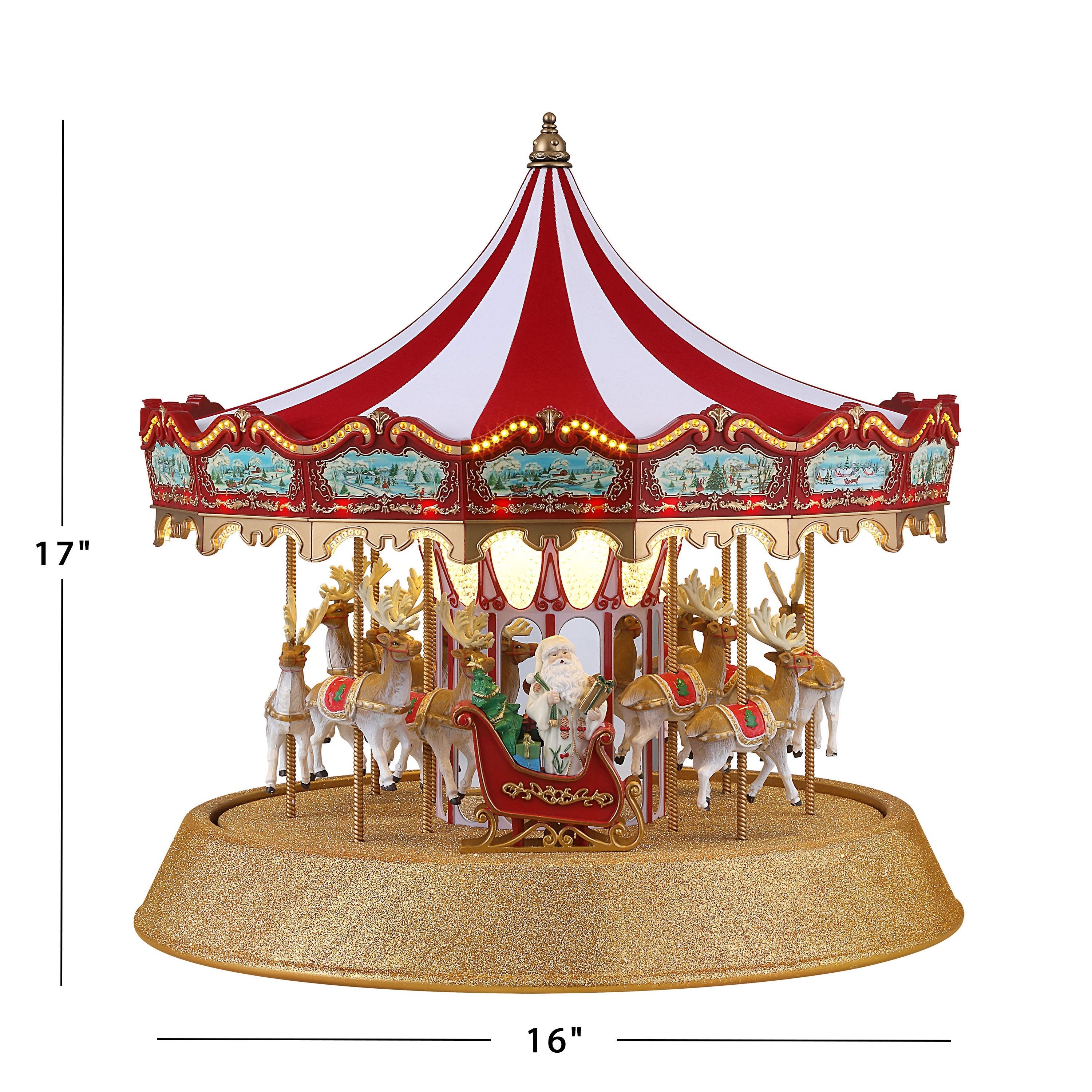 Dimensions of the Mr. Christmas 17 in. Animated Sparkle Carousel, measuring 16.7" wide x 17" tall.