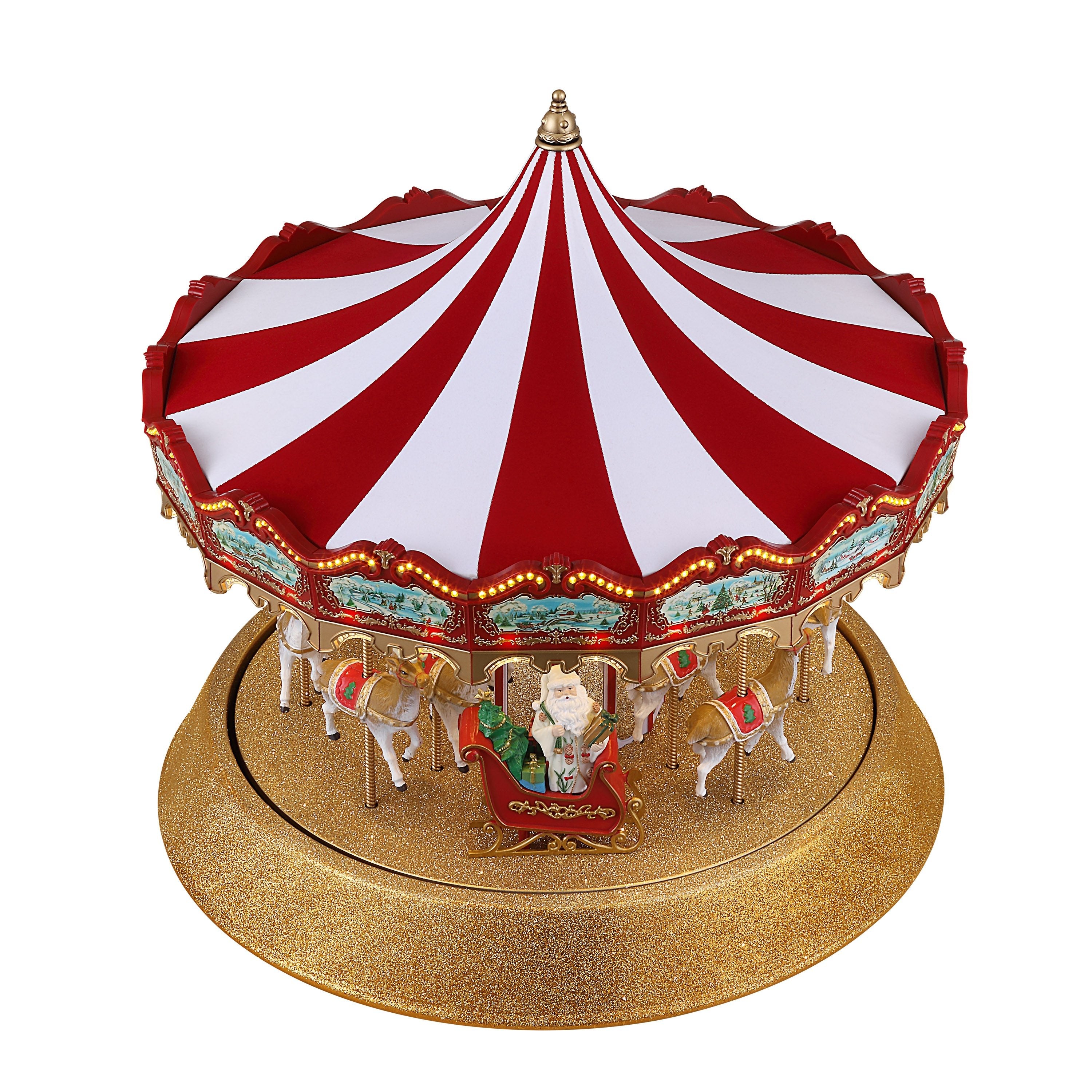 Top-down view of the Mr. Christmas 17 in. Animated Sparkle Carousel with red and white canopy on a white background.